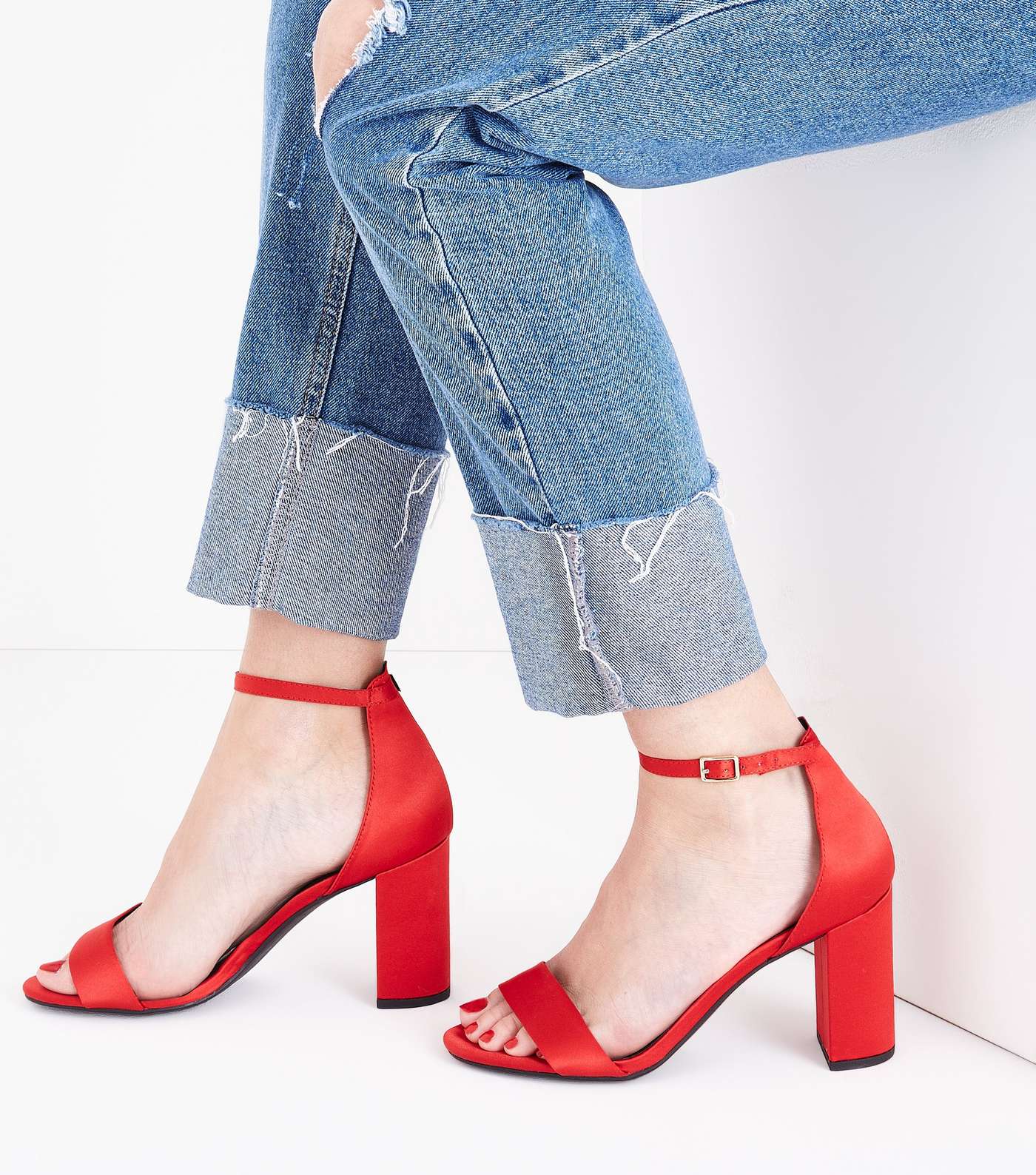 Wide Fit Red Satin Ankle Strap Block Heels Image 2