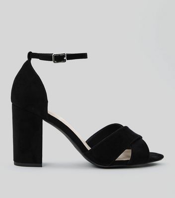 wide fit black suedette cross strap block heels