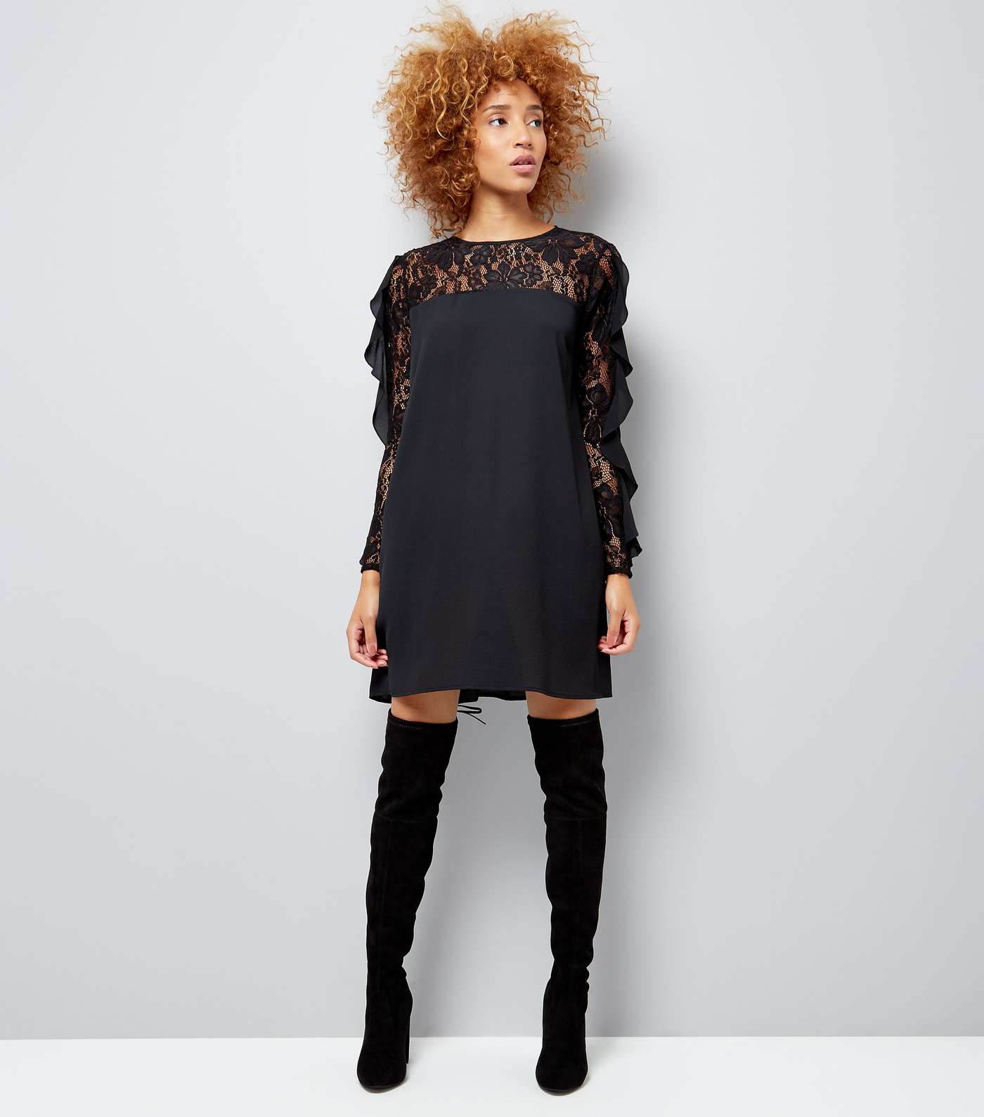Black Lace Frill Sleeve Tunic Dress Image 2