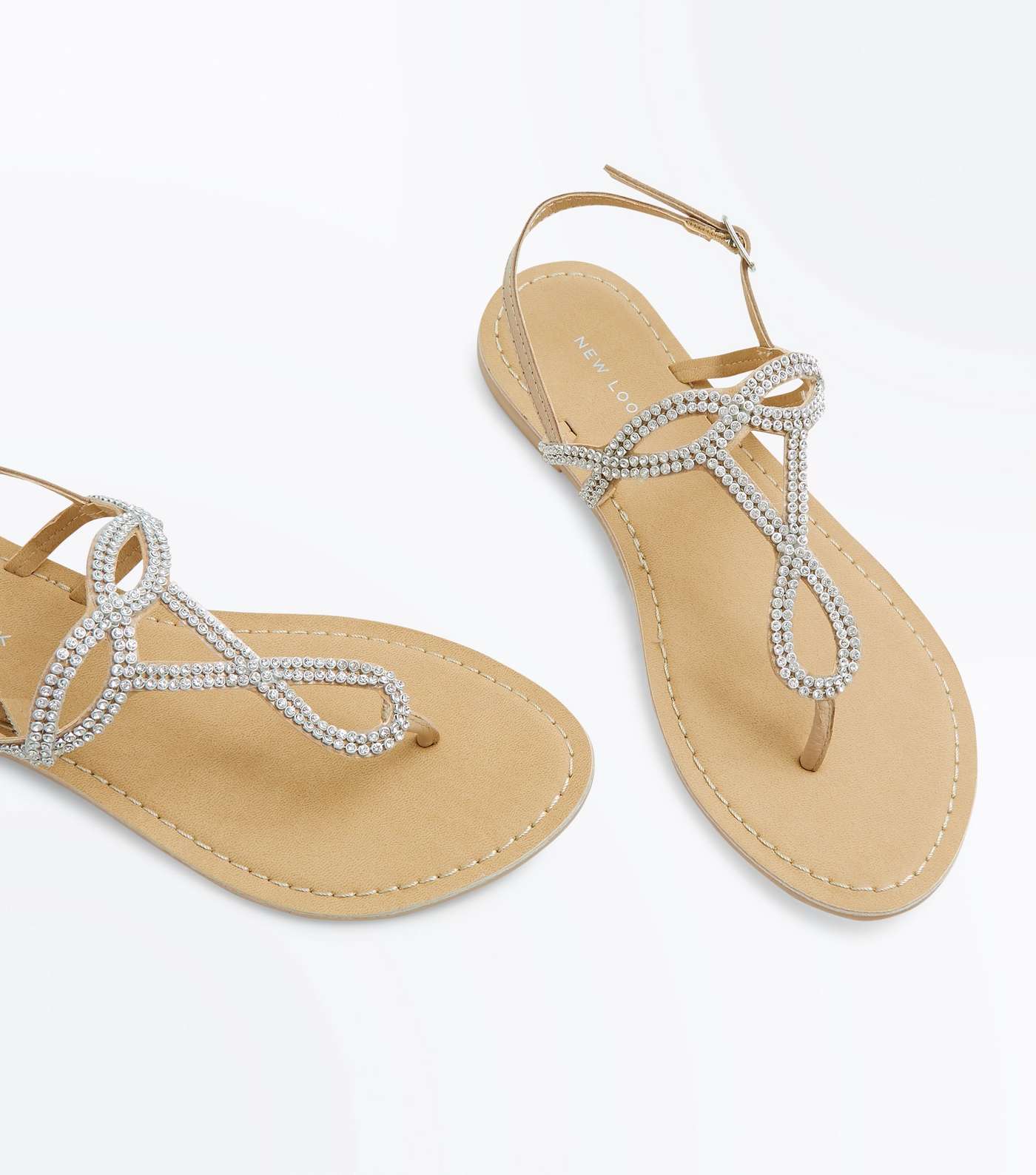 Nude Leather Diamanté Embellished Flat Sandals Image 4