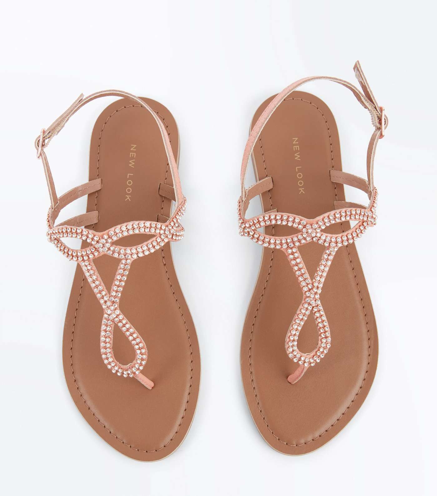 Coral Leather Diamanté Embellished Flat Sandals Image 4