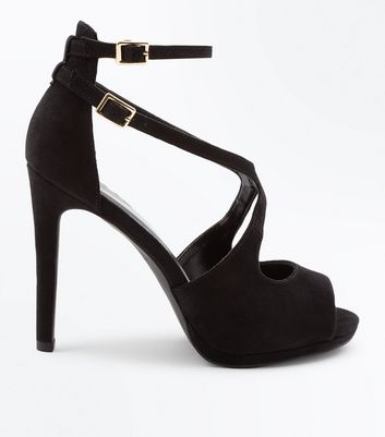 wide fit black suedette cross strap block heels