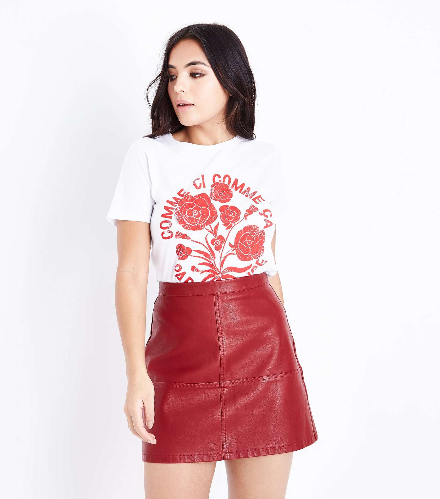 Petite Dark Red Leather-Look Mini Skirt