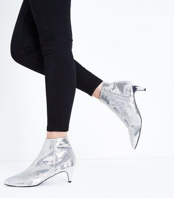 silver kitten heel ankle boots