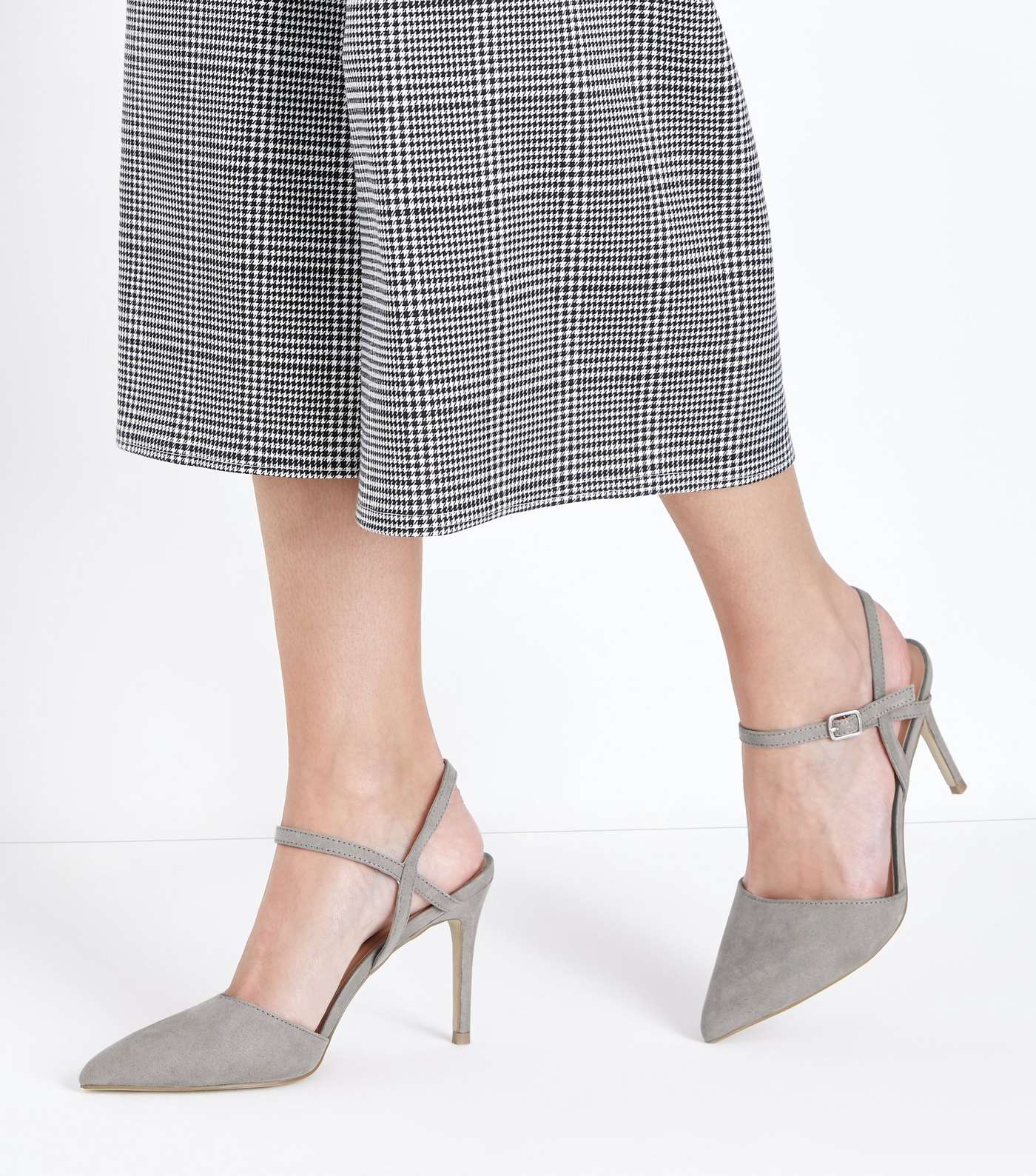 Grey  Suedette Ankle Strap Pointed Court Shoes Image 2
