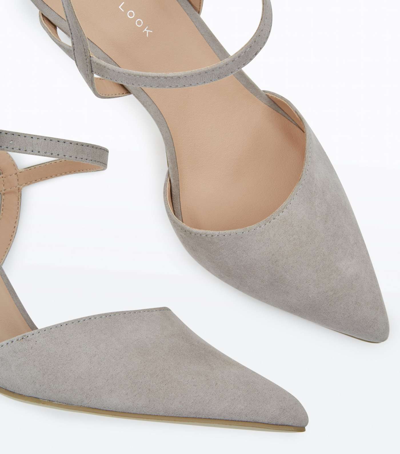 Grey  Suedette Ankle Strap Pointed Court Shoes Image 4