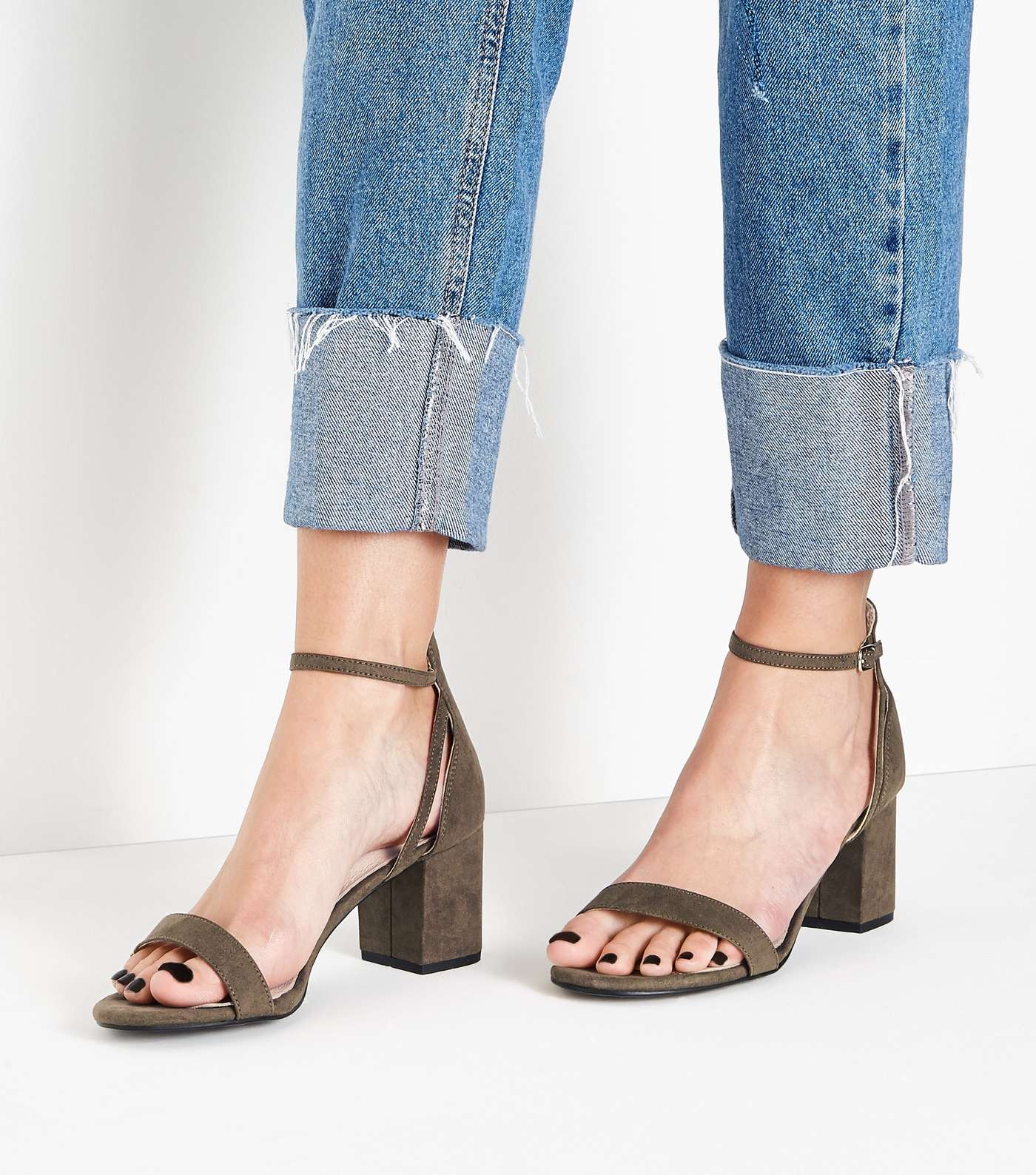 Khaki Comfort Flex Suedette Block Heel Sandals Image 2
