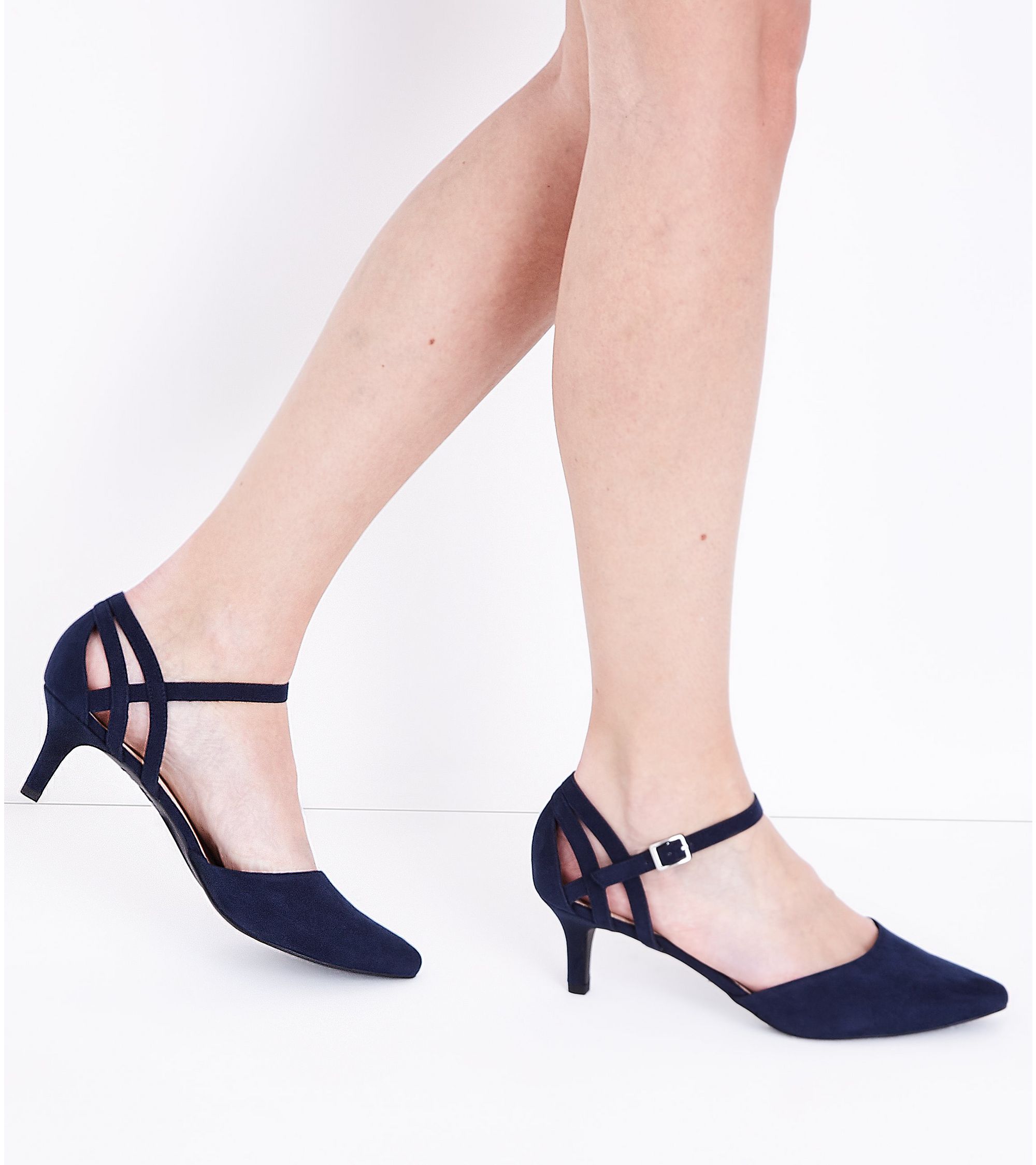 New Look Wide Fit Navy Comfort Flex Suedette Pointed Kitten Heels