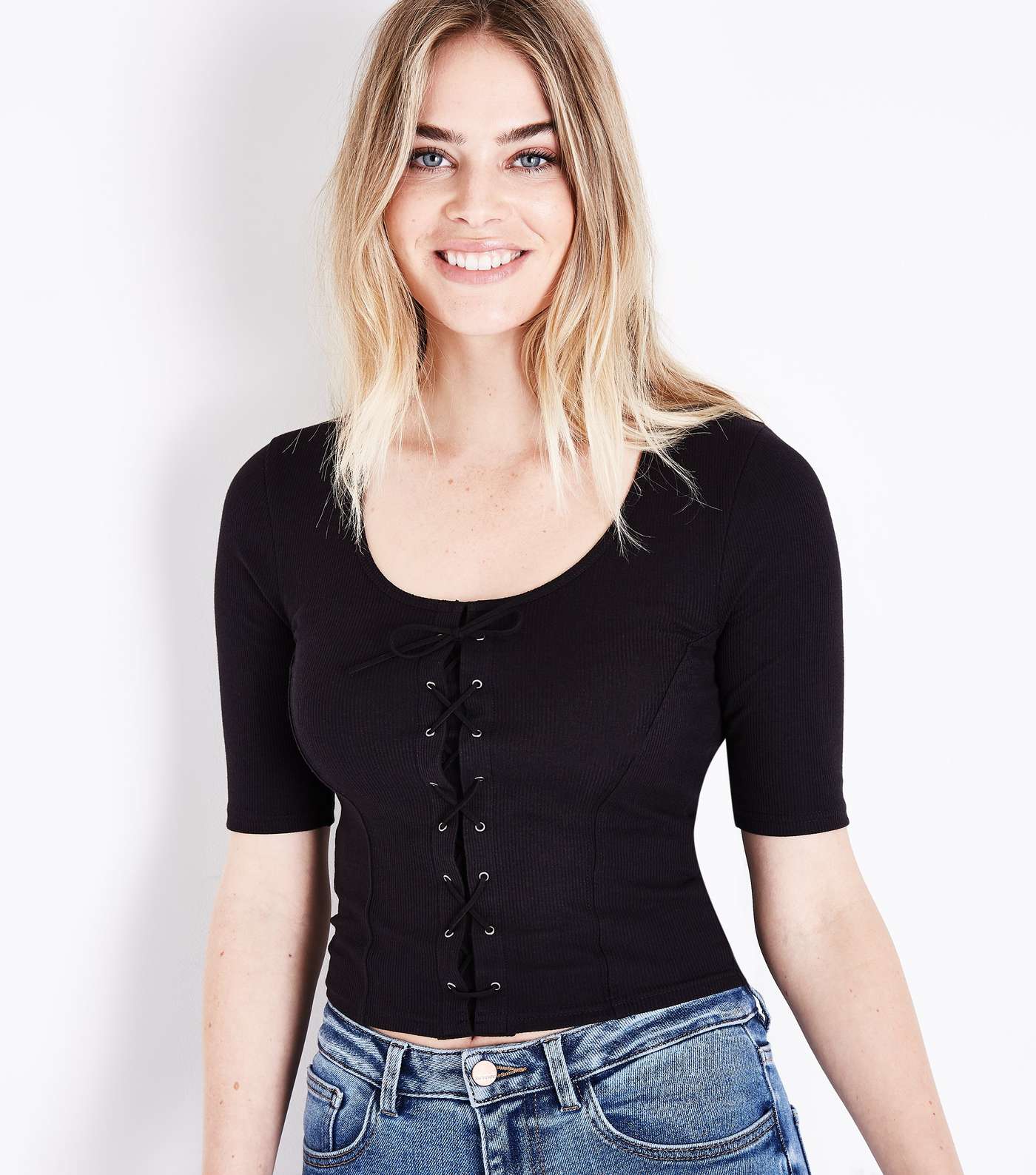 Black Ribbed Lace-Up 1/2 Sleeve Top