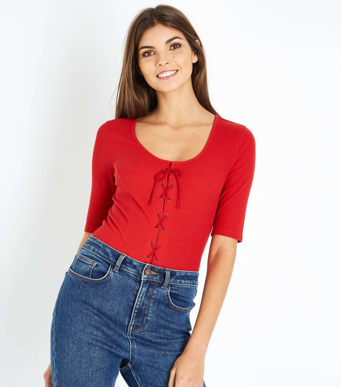 Red Ribbed Lace-Up 1/2 Sleeve T-Shirt