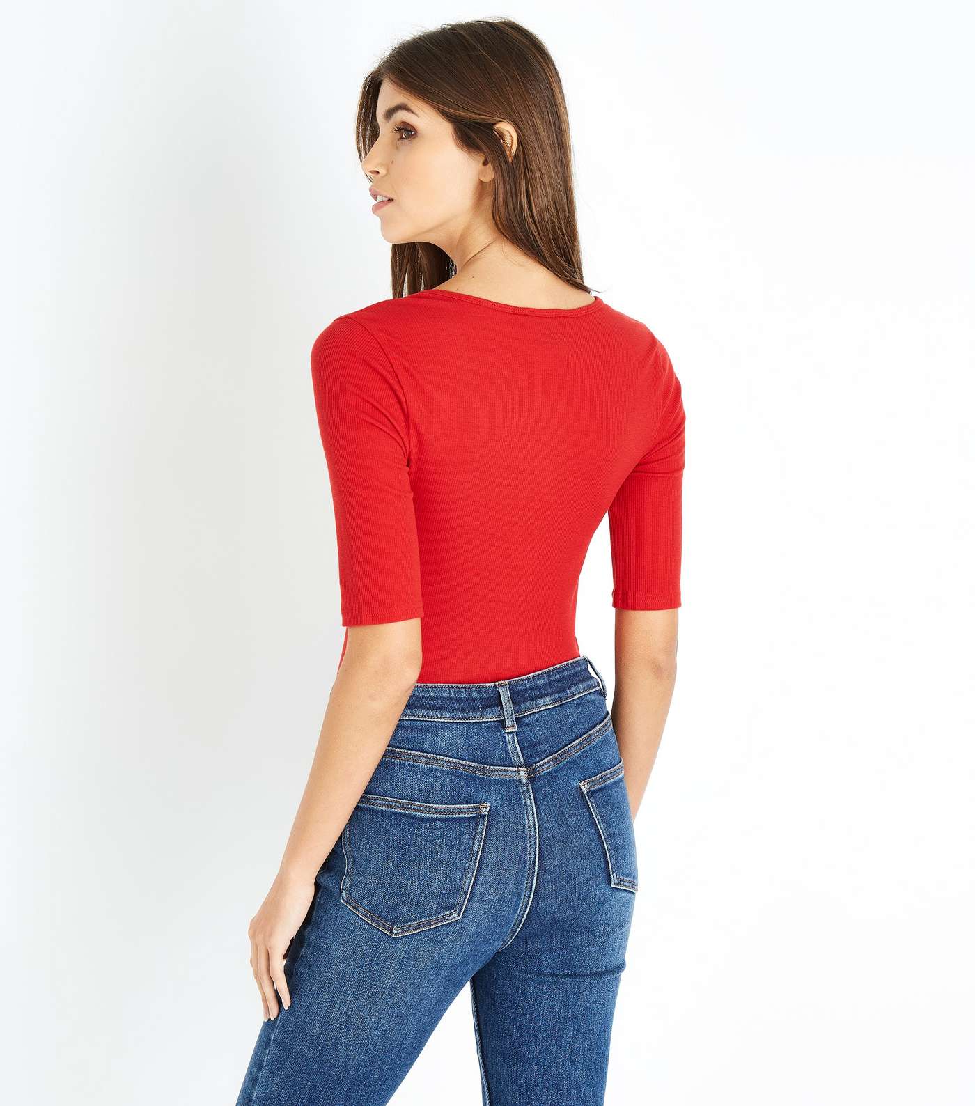 Red Ribbed Lace-Up 1/2 Sleeve T-Shirt Image 3