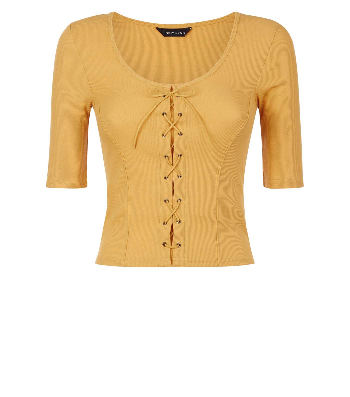 Mustard Ribbed Lace-Up 1/2 Sleeve Top Image 4