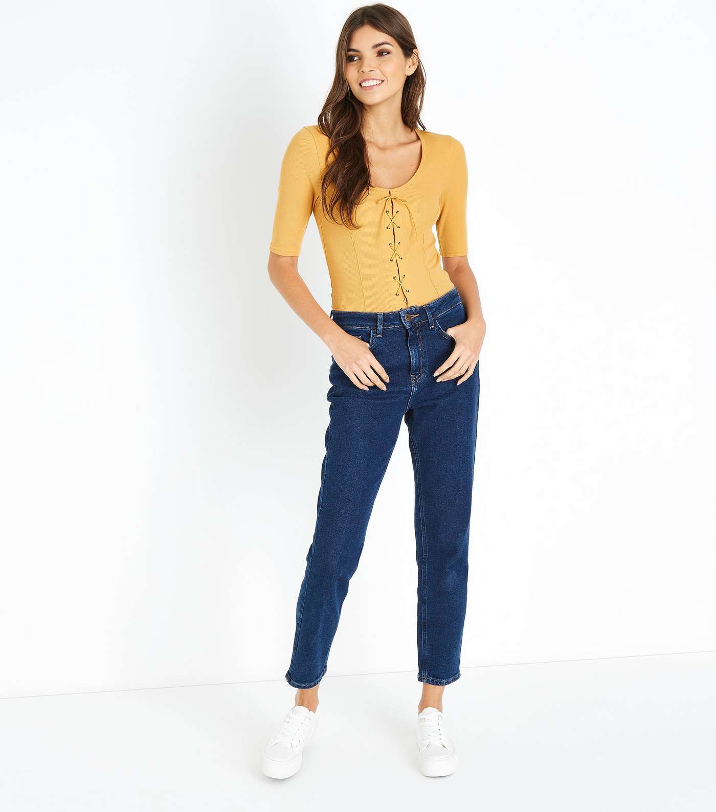 Mustard Ribbed Lace-Up 1/2 Sleeve Top Image 2