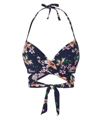 Blue Floral Print Wrap Tie Front Halterneck Bikini Top New Look