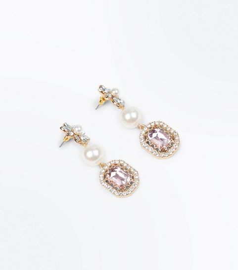Gold Gem and Pearl Embellished Drop Earrings