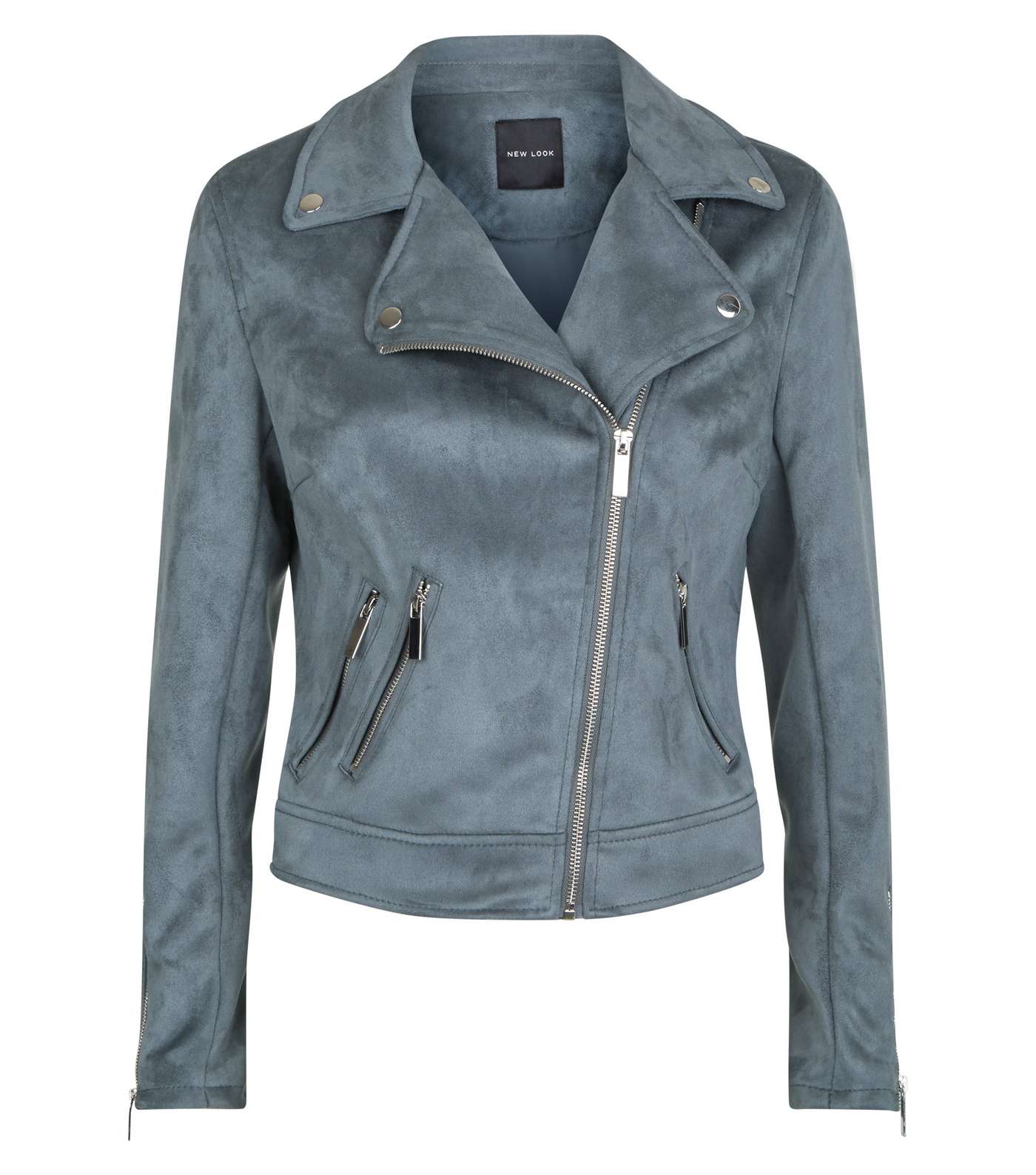 Grey-Blue Suedette Biker Jacket Image 4