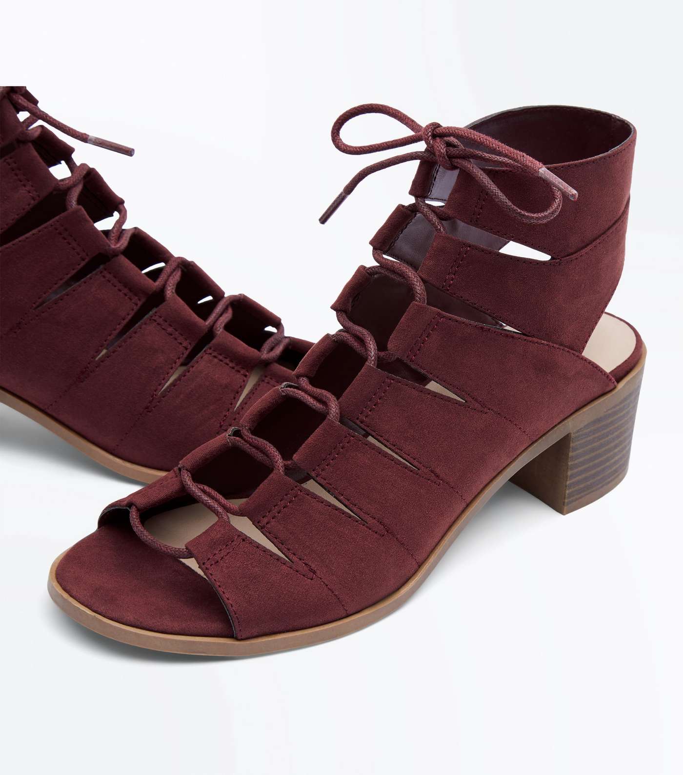 Burgundy Suedette Low Block Heel Ghillie Sandals Image 3