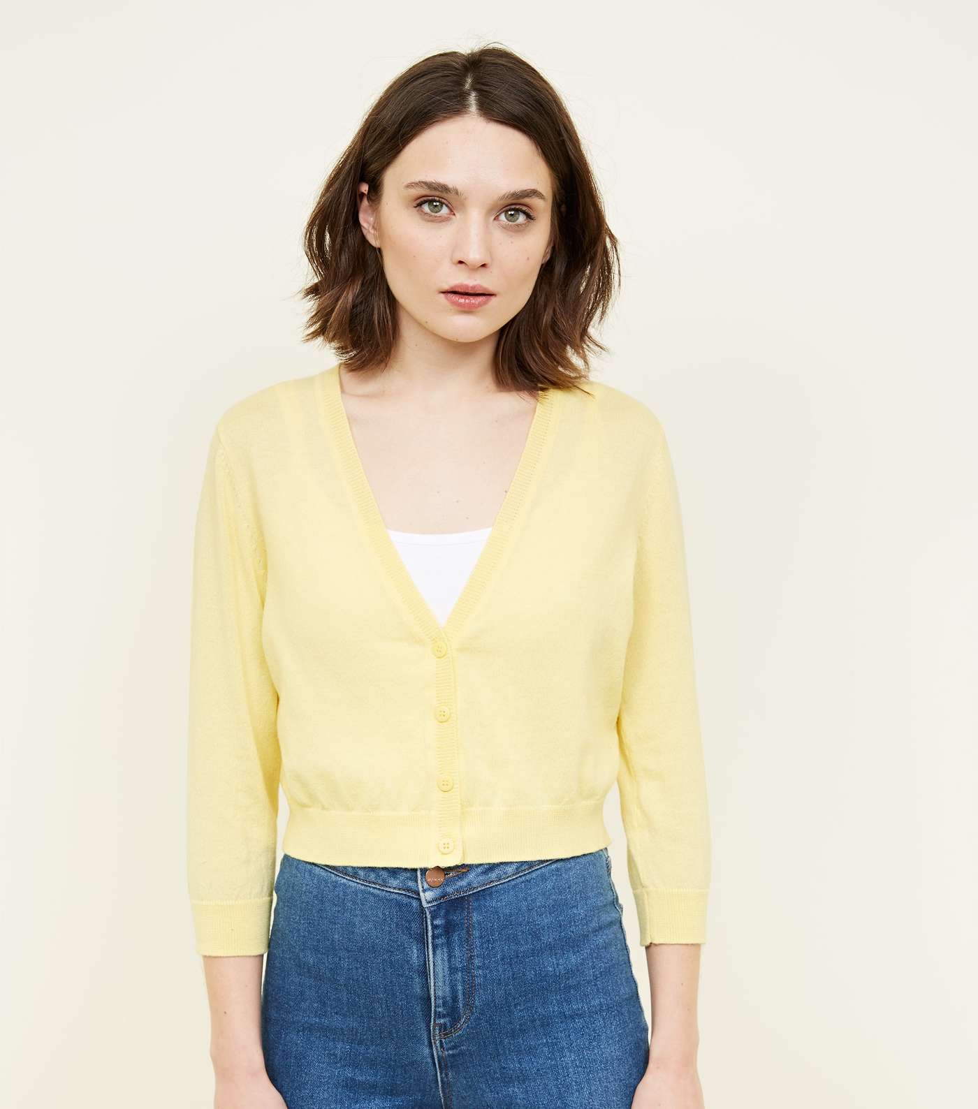Pale Yellow 3/4 Sleeve Cropped Cardigan