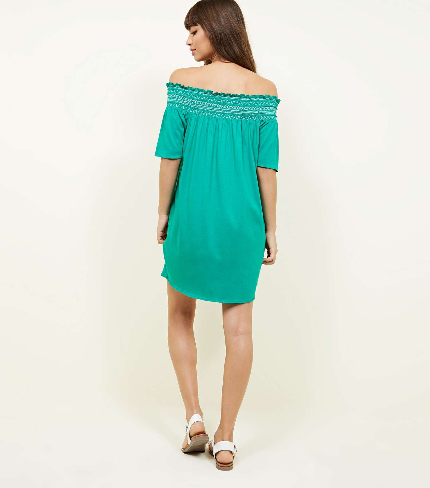 Green Shirred Bardot Neck Beach Dress Image 3