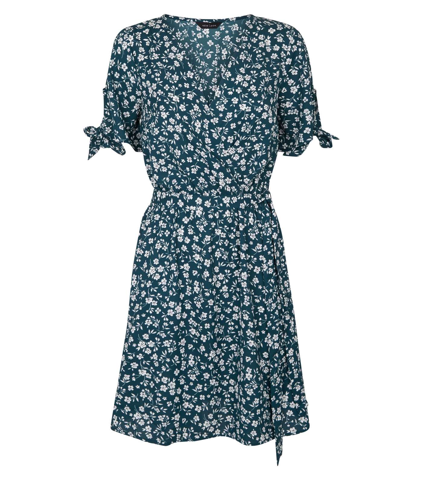 Green Floral Tie Sleeve Wrap Front Dress Image 4