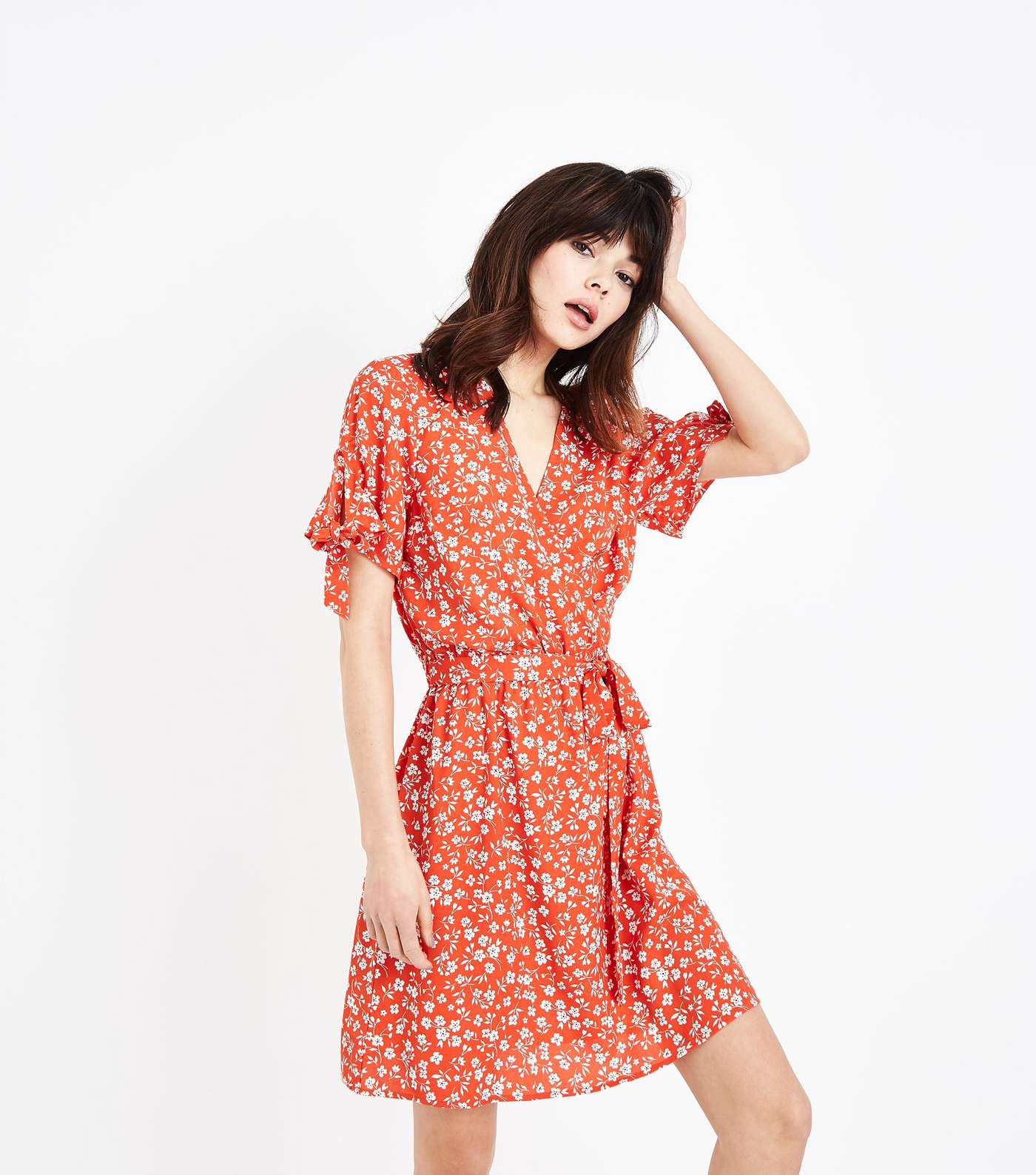 Red Ditsy Floral Print Wrap Dress