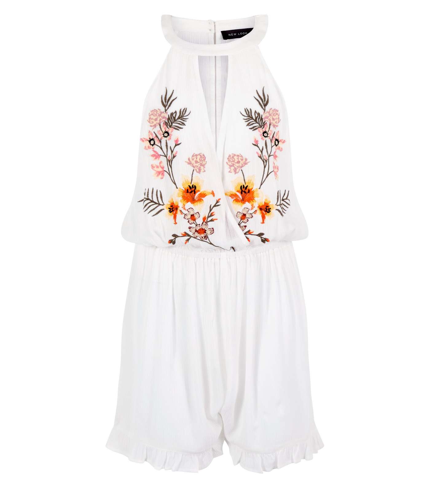 White Floral Embroidered Keyhole Beach Playsuit  Image 4