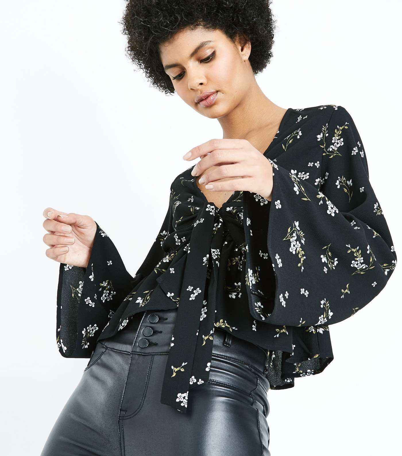 Black Floral Tie Front Flared Sleeve Top Image 5