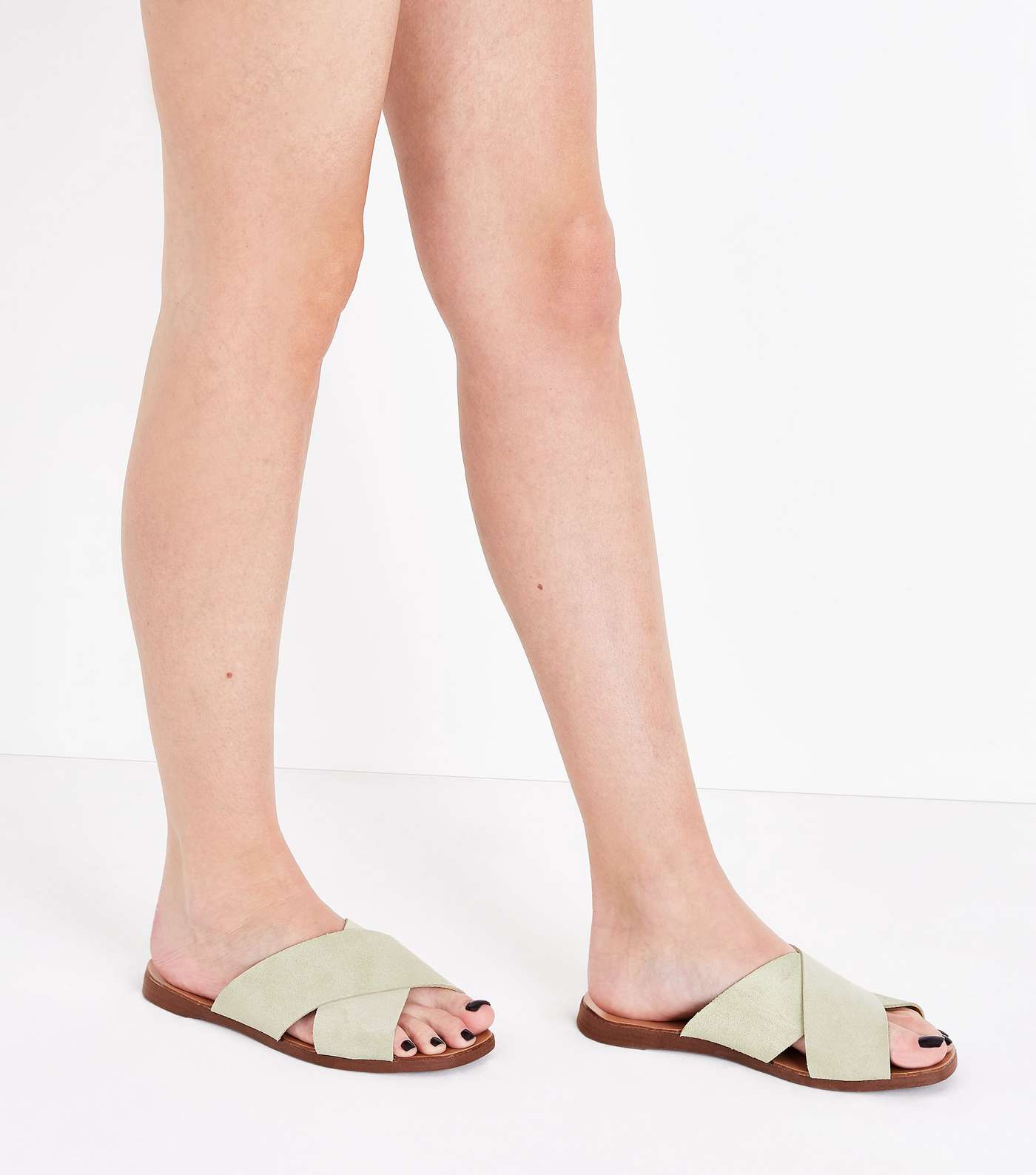 Wide Fit Mint Green Suede Cross Strap Sliders Image 2