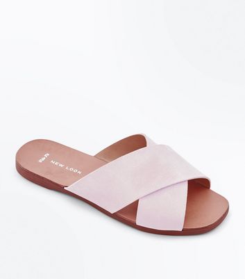 Wide Sandals New Look Wide Fit Pink Suede Cross Strap Sliders