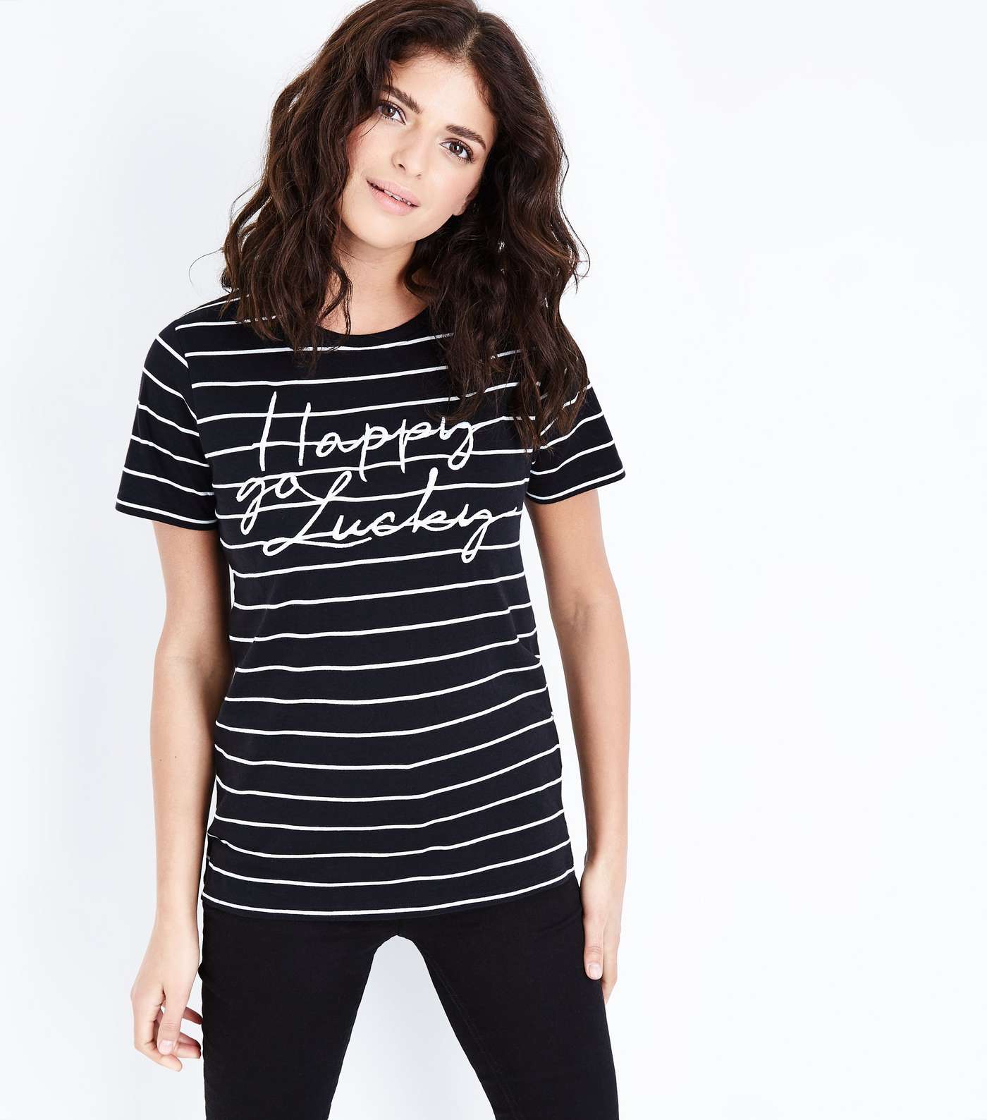 Black Stripe Happy Go Lucky Slogan T-Shirt