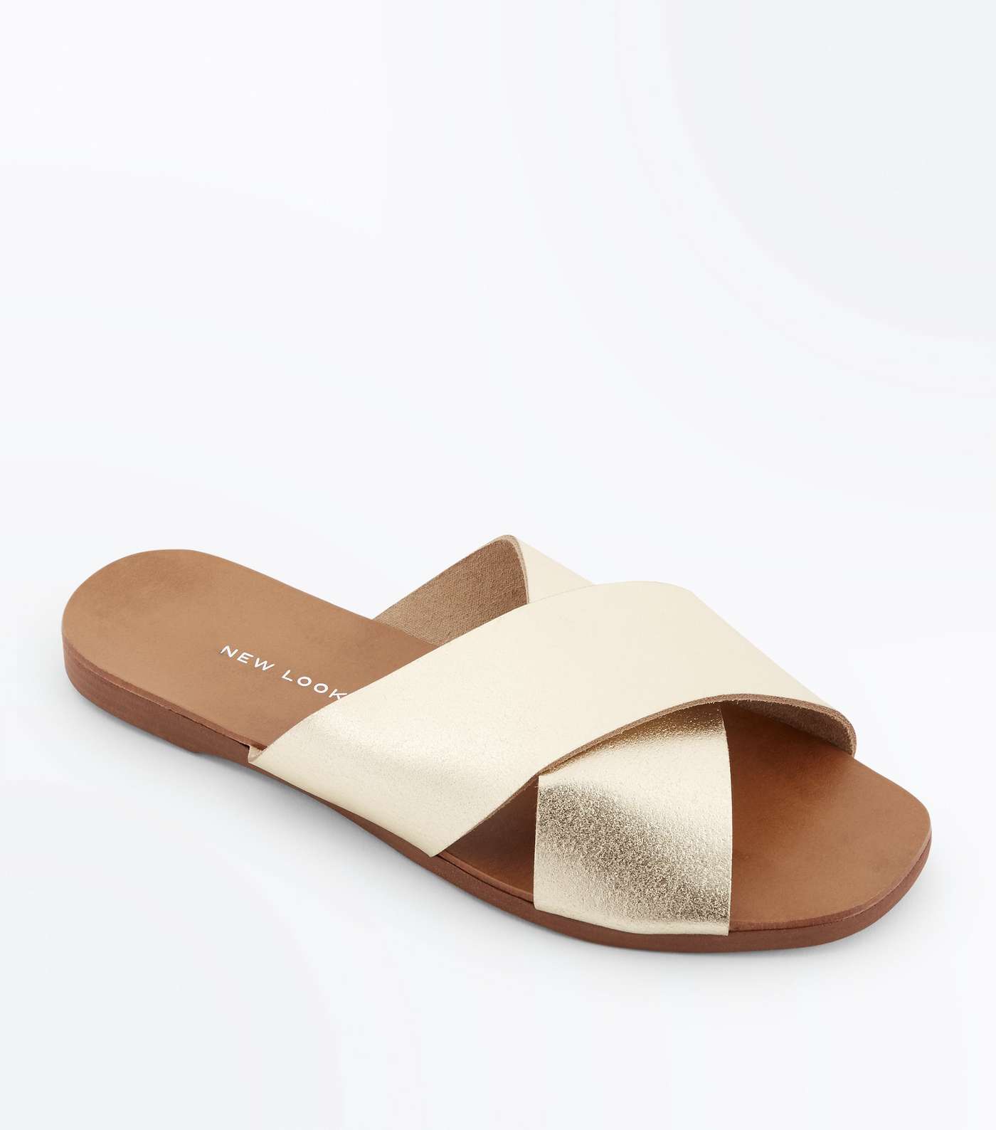 Wide Fit Gold Leather Cross Strap Sliders