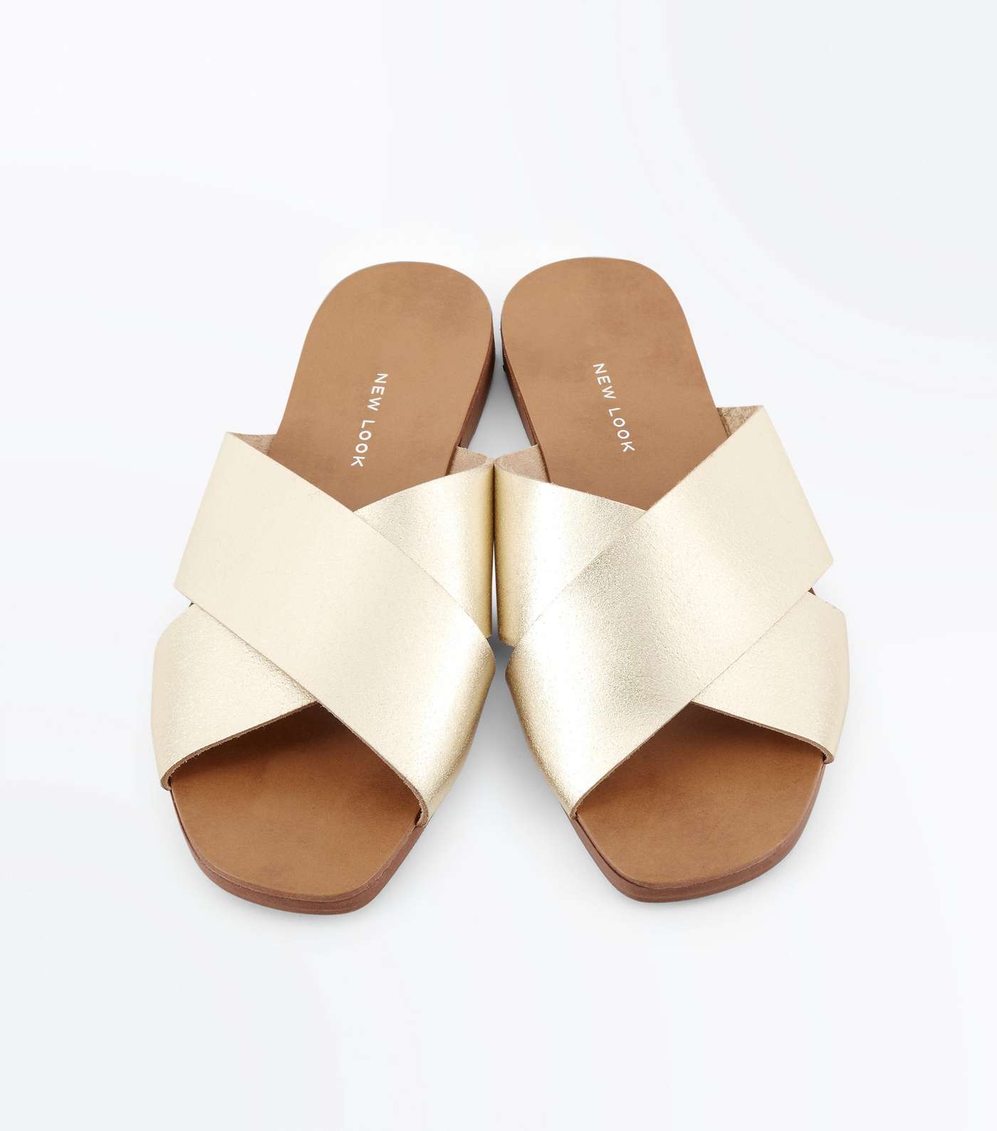 Wide Fit Gold Leather Cross Strap Sliders Image 3