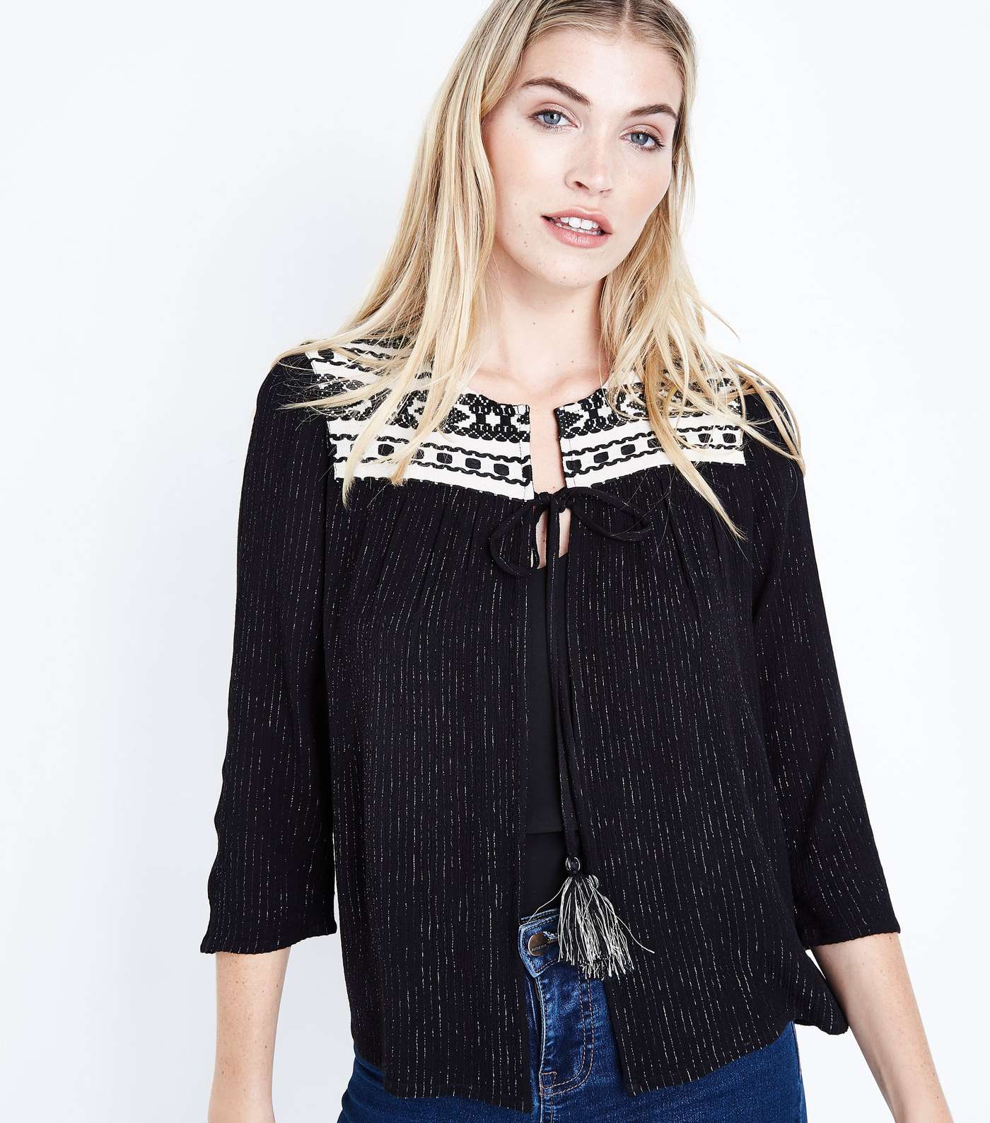 Black Glitter Embroidered Tassel Tie Cover Up