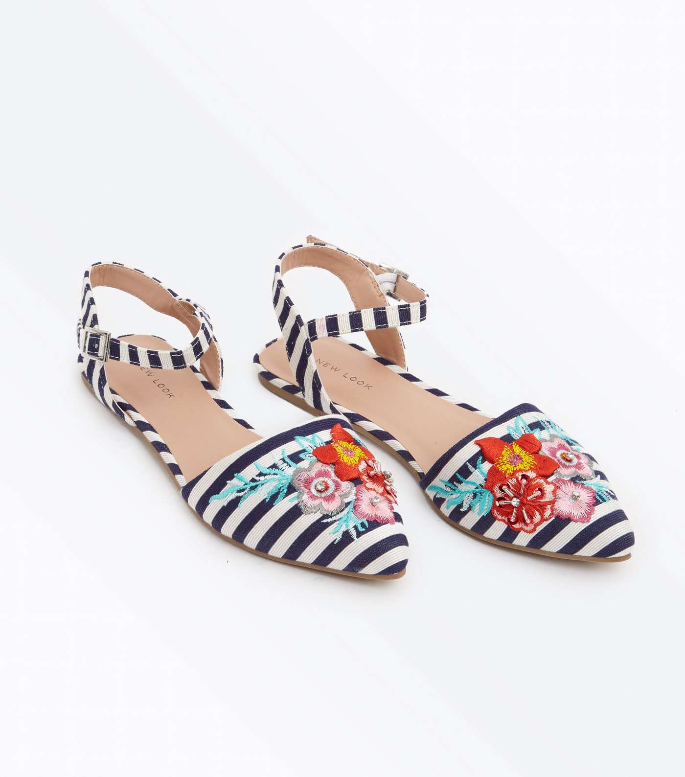Blue Stripe Floral Embroidered Pointed Pumps Image 3