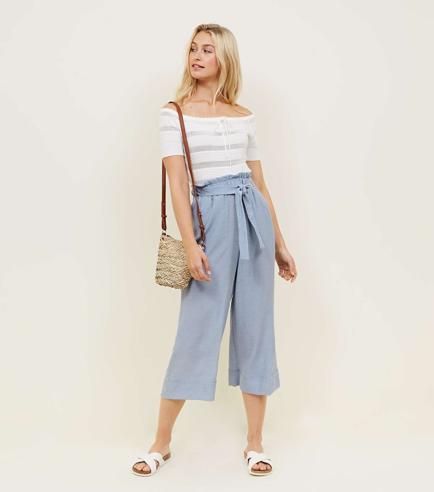 Pale Blue Crepe Tie Waist Cropped Trousers