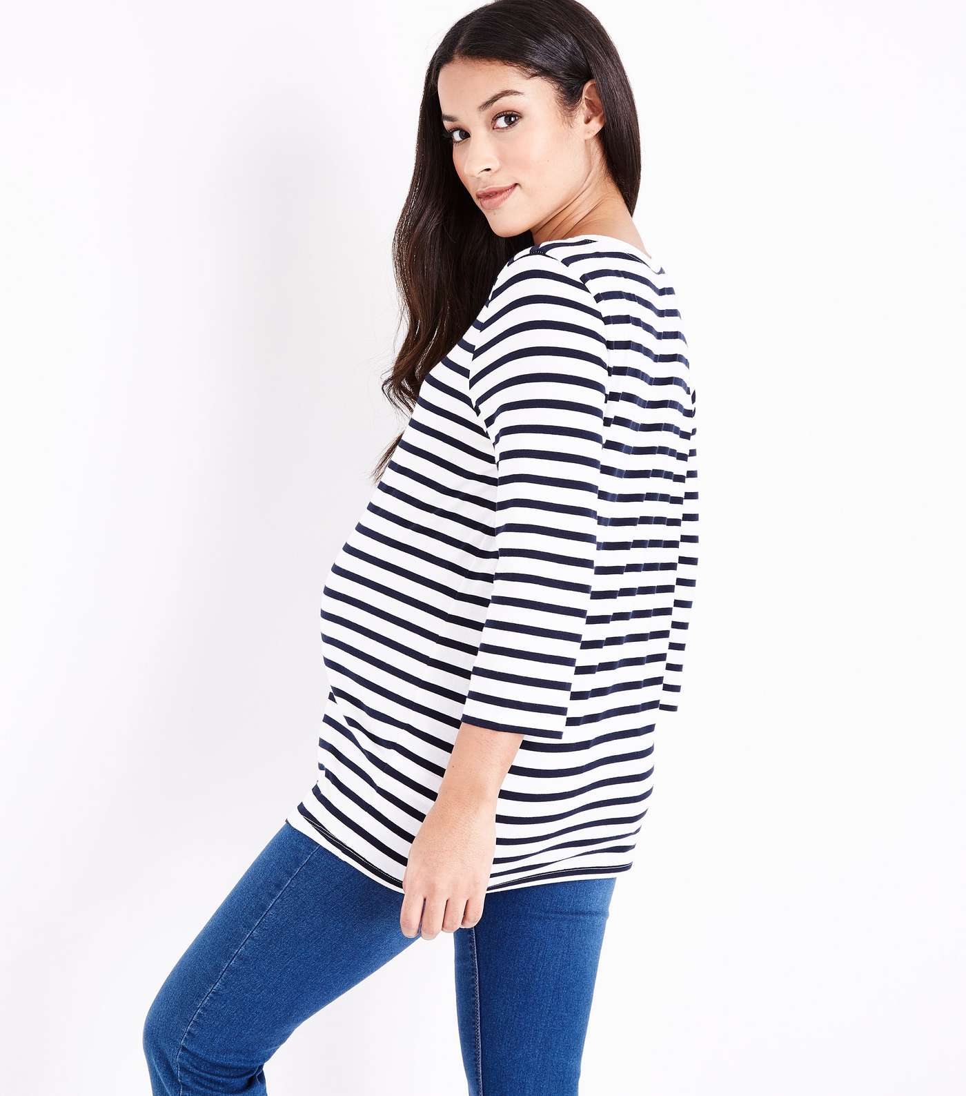 Maternity Blue Stripe 3/4 Sleeve T-Shirt Image 3