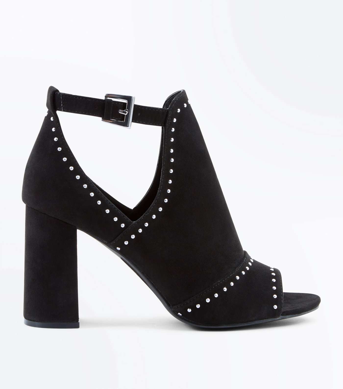 Black Suedette Studded Peep Toe Block Heels