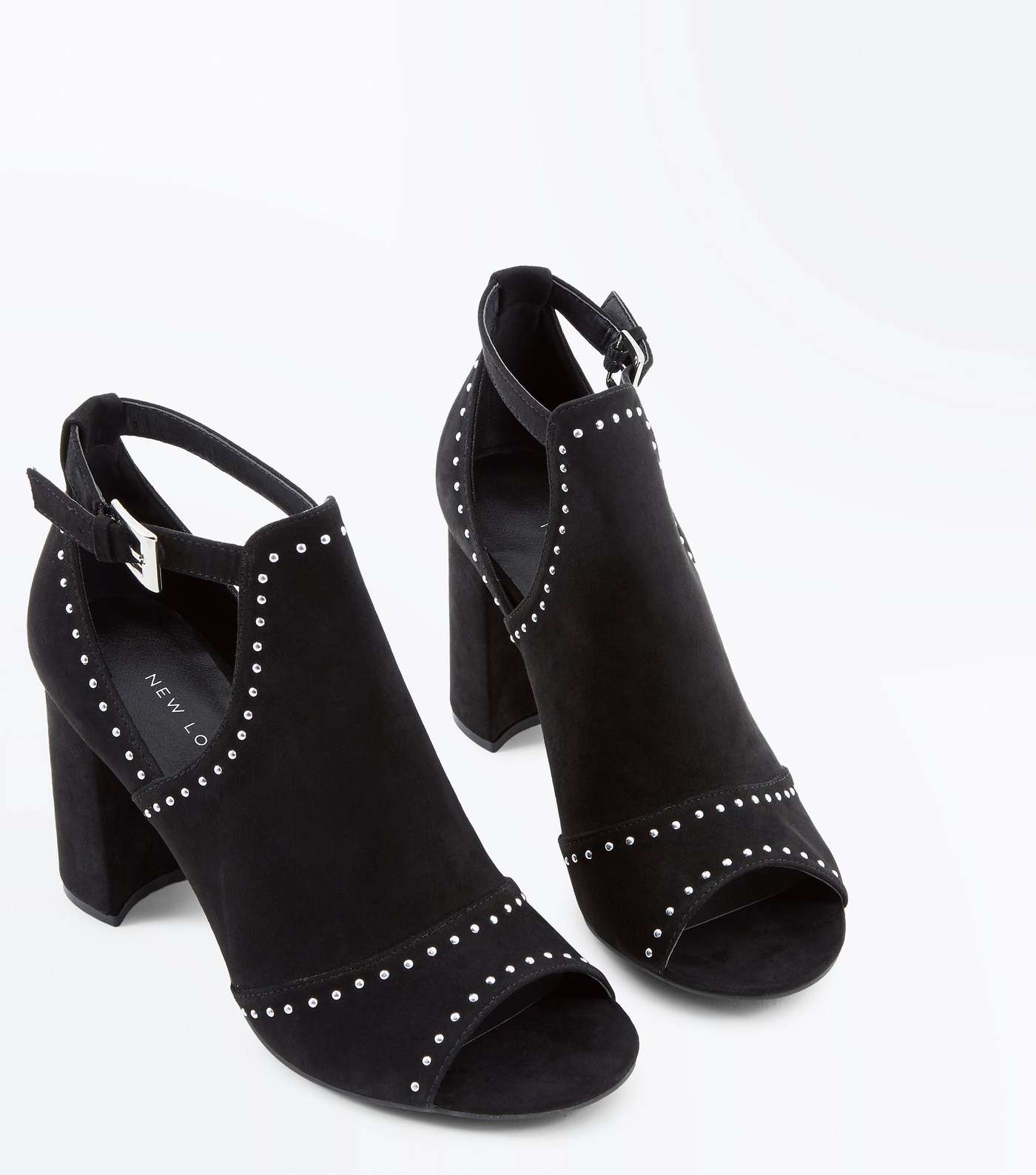 Black Suedette Studded Peep Toe Block Heels Image 3
