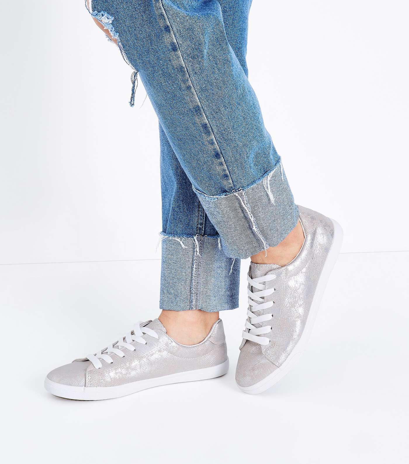 Silver Iridescent Faux Snakeskin Lace Up Trainers Image 2