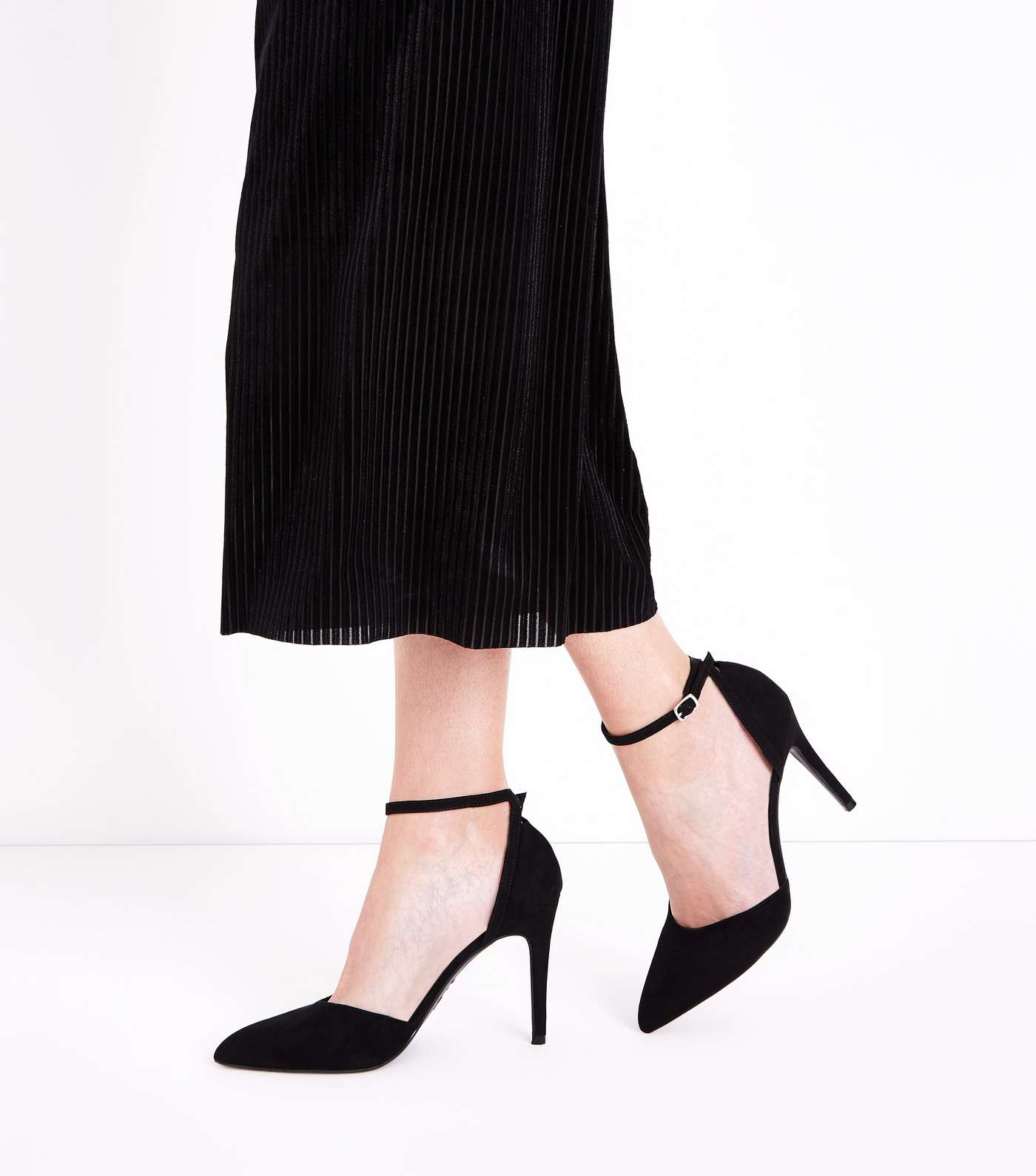 Black Suedette Ankle Strap Pointed Courts Image 2