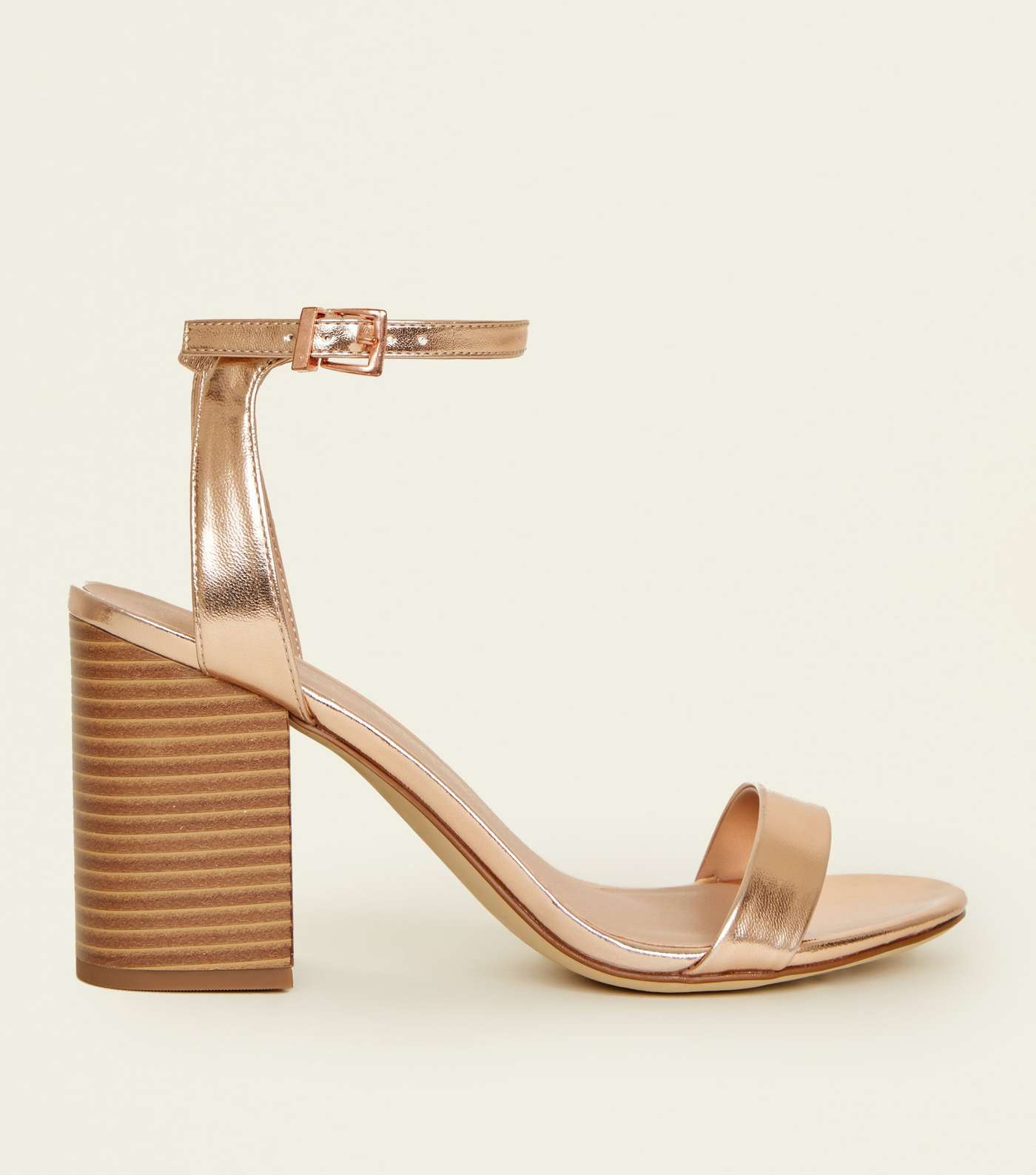 Rose Gold Leather-Look Wooden Block Heel Sandals