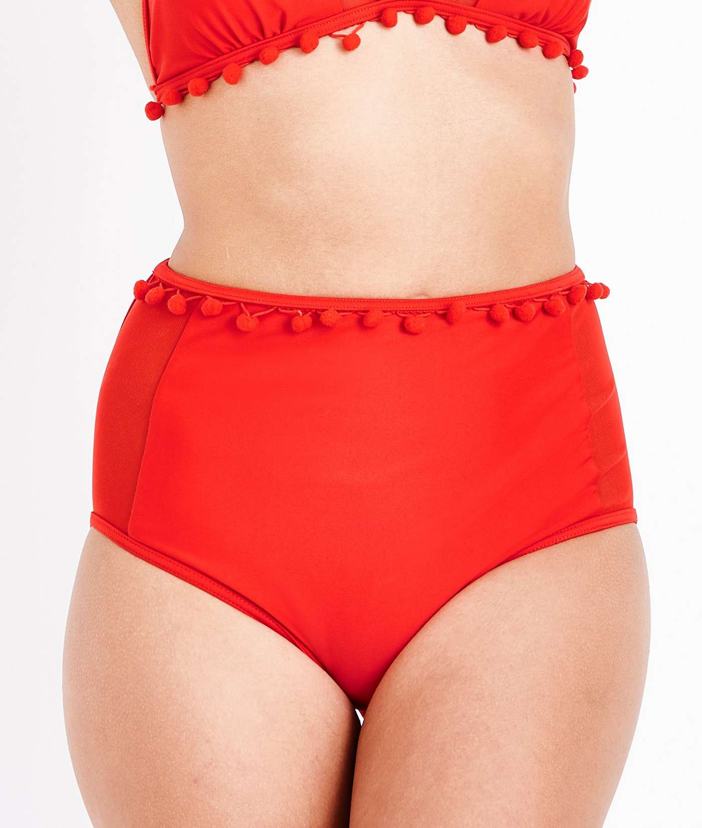 Red Pom Pom High Waist Bikini Bottoms 