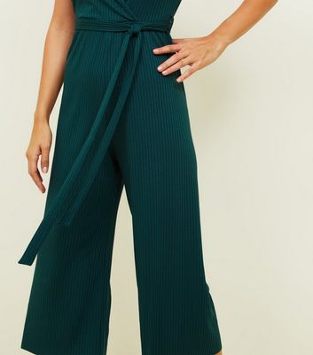 ribbed wrap front culotte jumpsuit