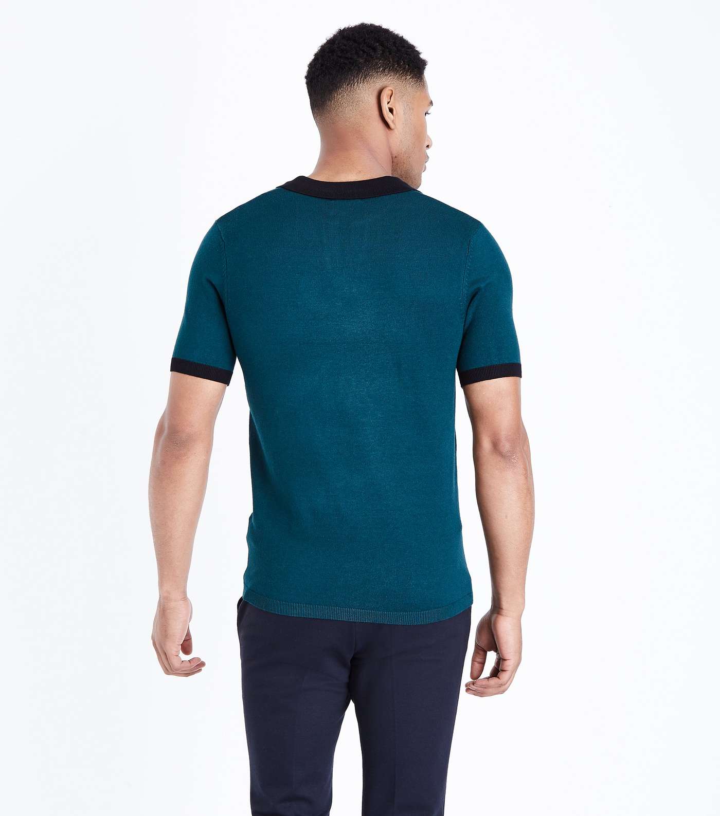 Teal White Revere Collar Knit Polo Shirt Image 3