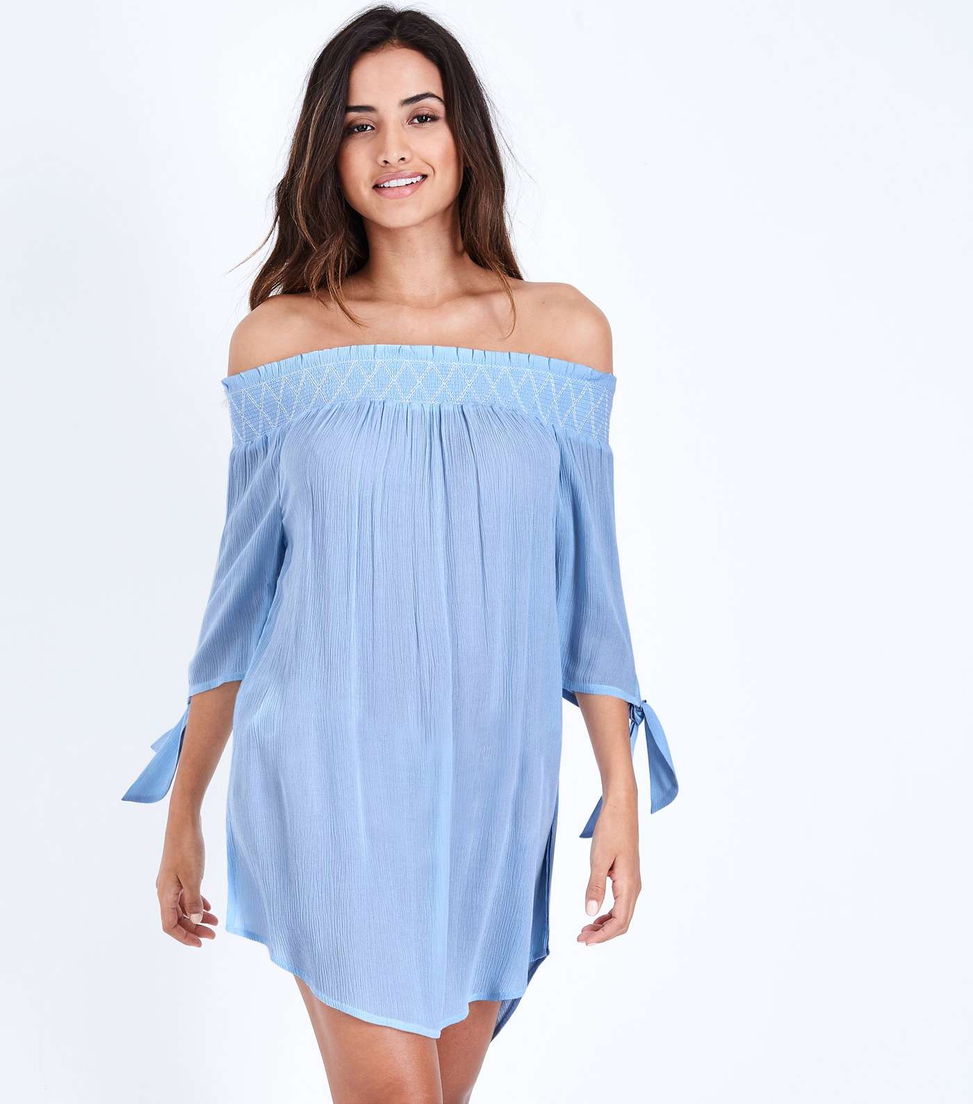 Pale Blue Shirred Bardot Neck Beach Dress 