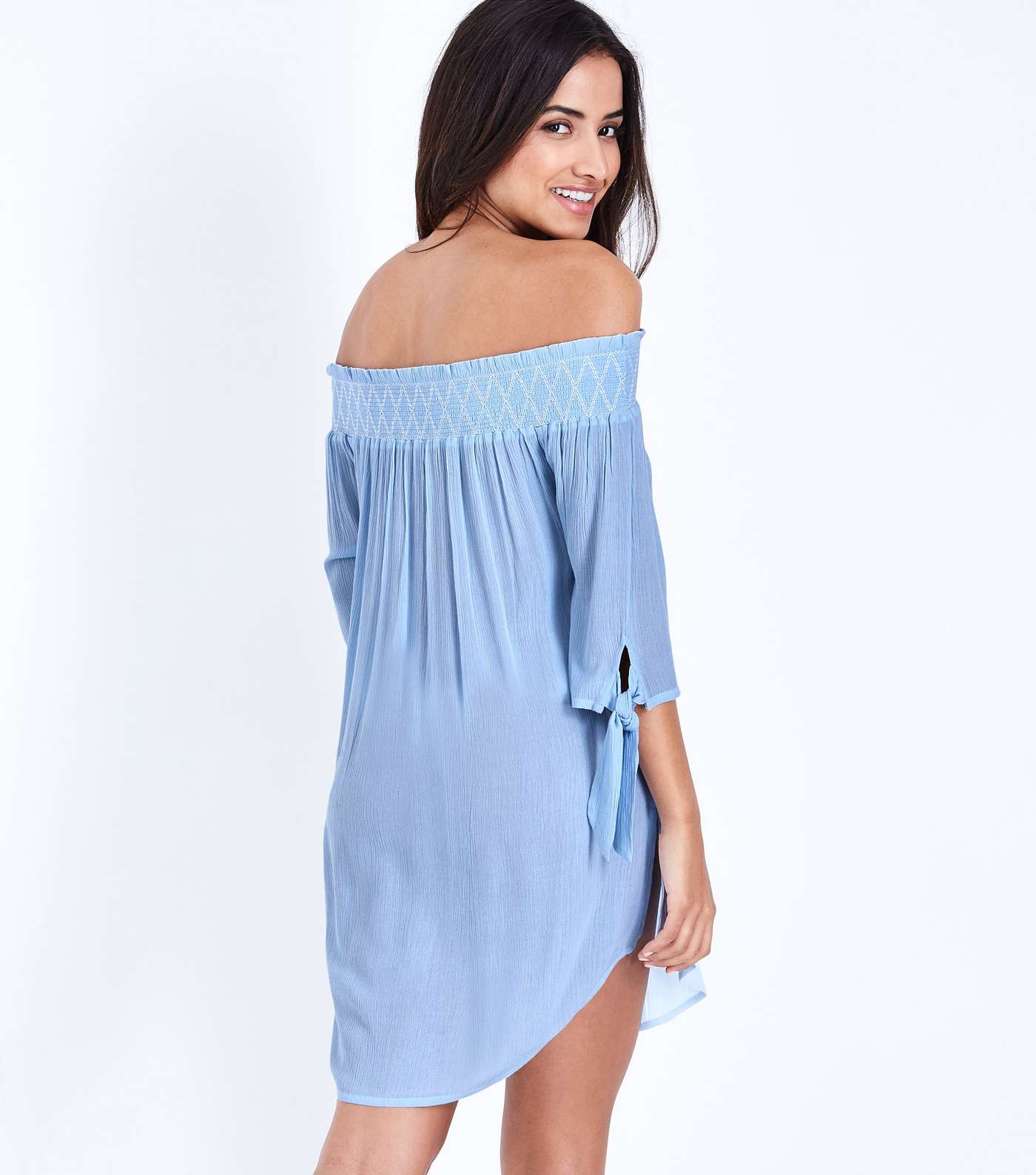 Pale Blue Shirred Bardot Neck Beach Dress  Image 3
