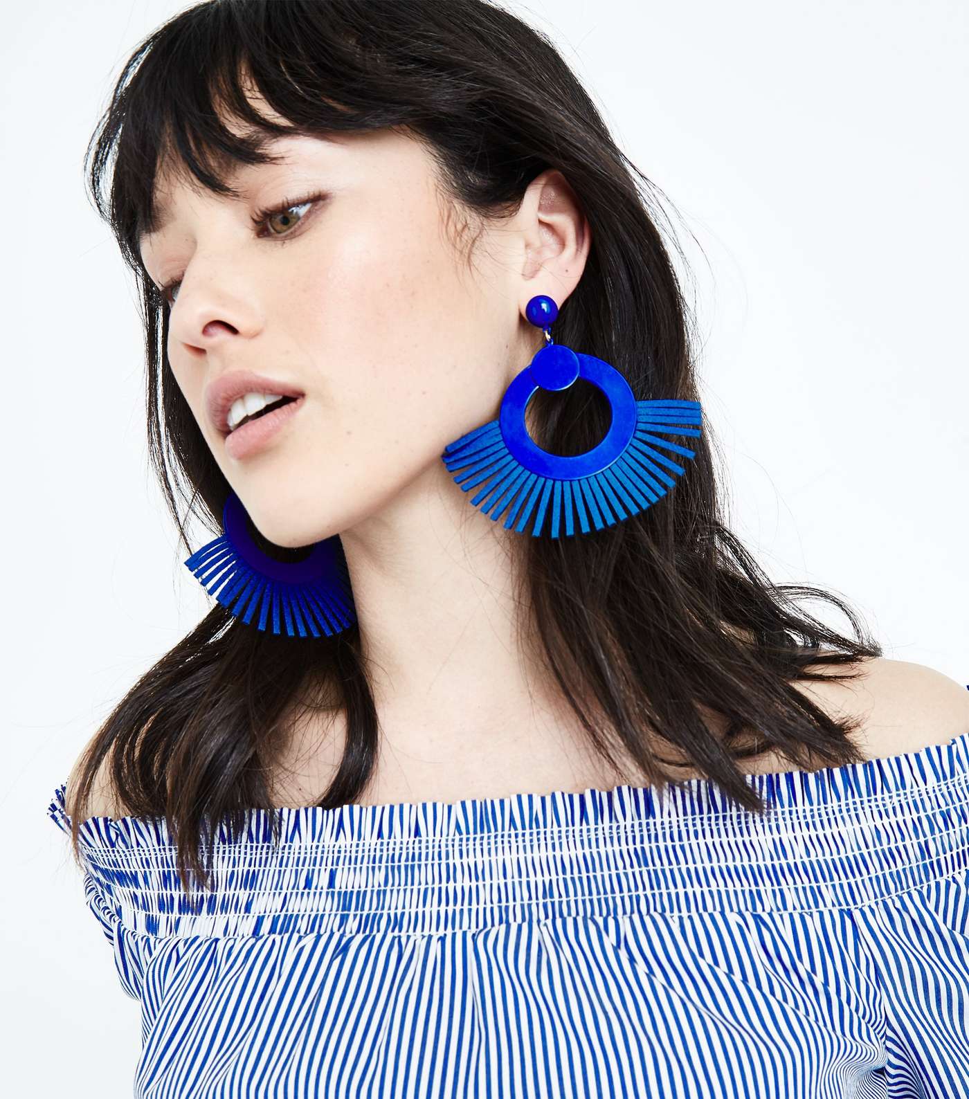 Bright Blue Suede Tassel Disc Earrings Image 2