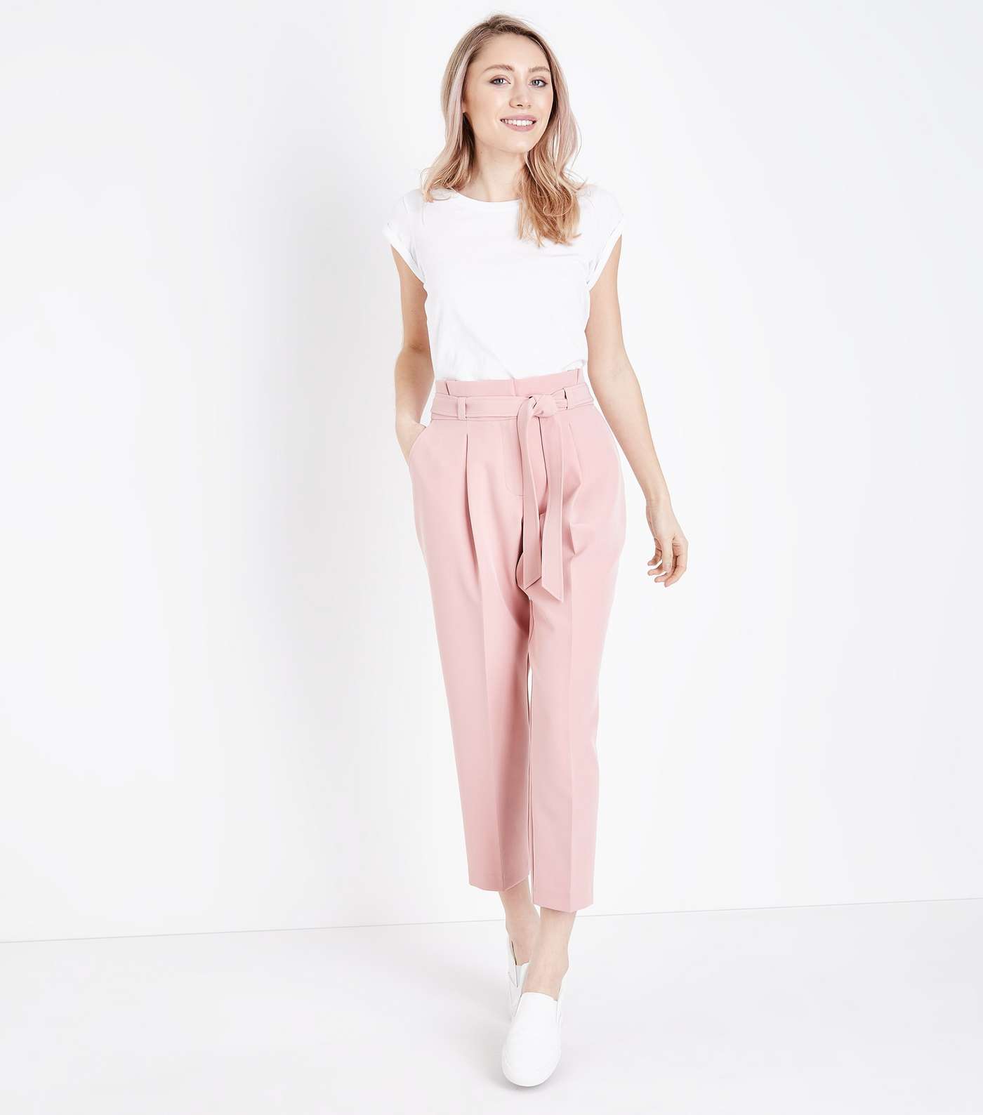Petite Pale Pink Paperbag Waist Tapered Trousers