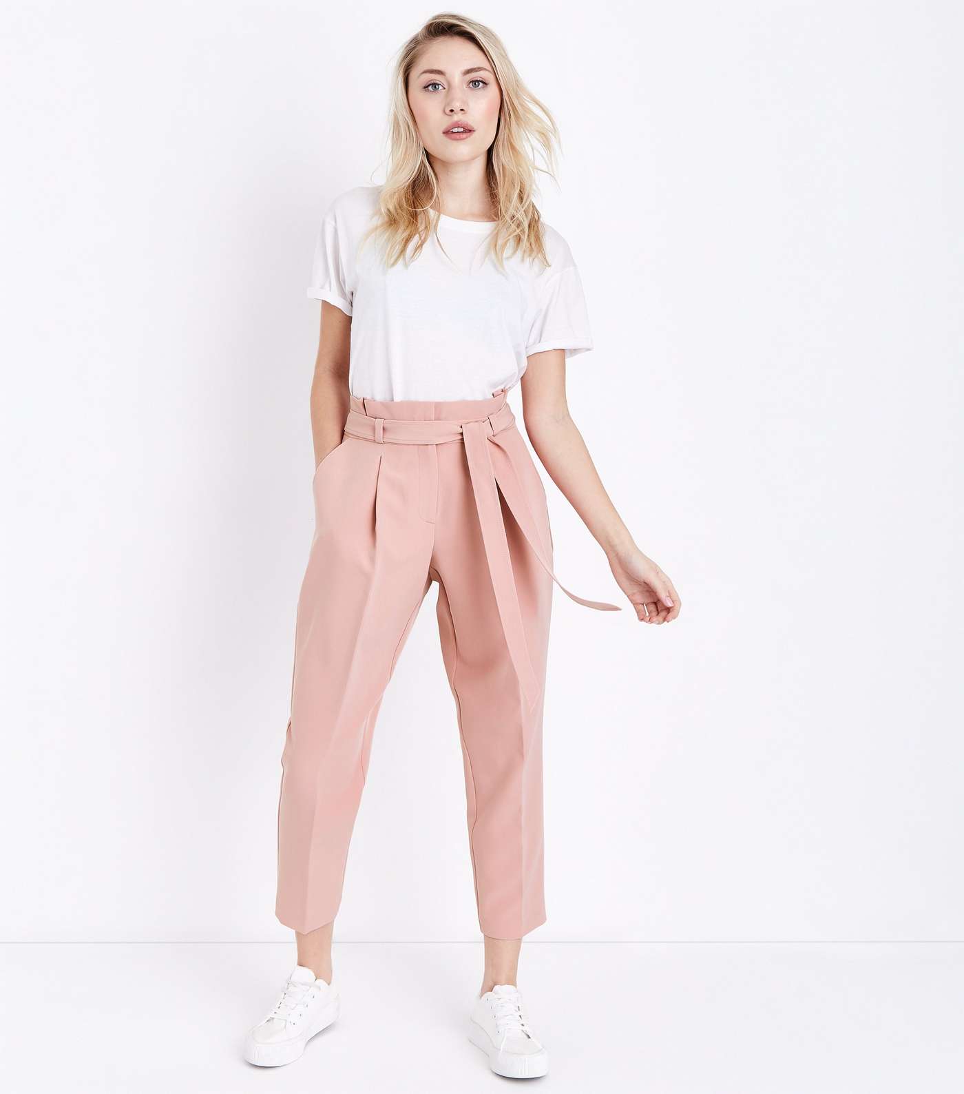 Petite Pink Paperbag Waist Tapered Trousers