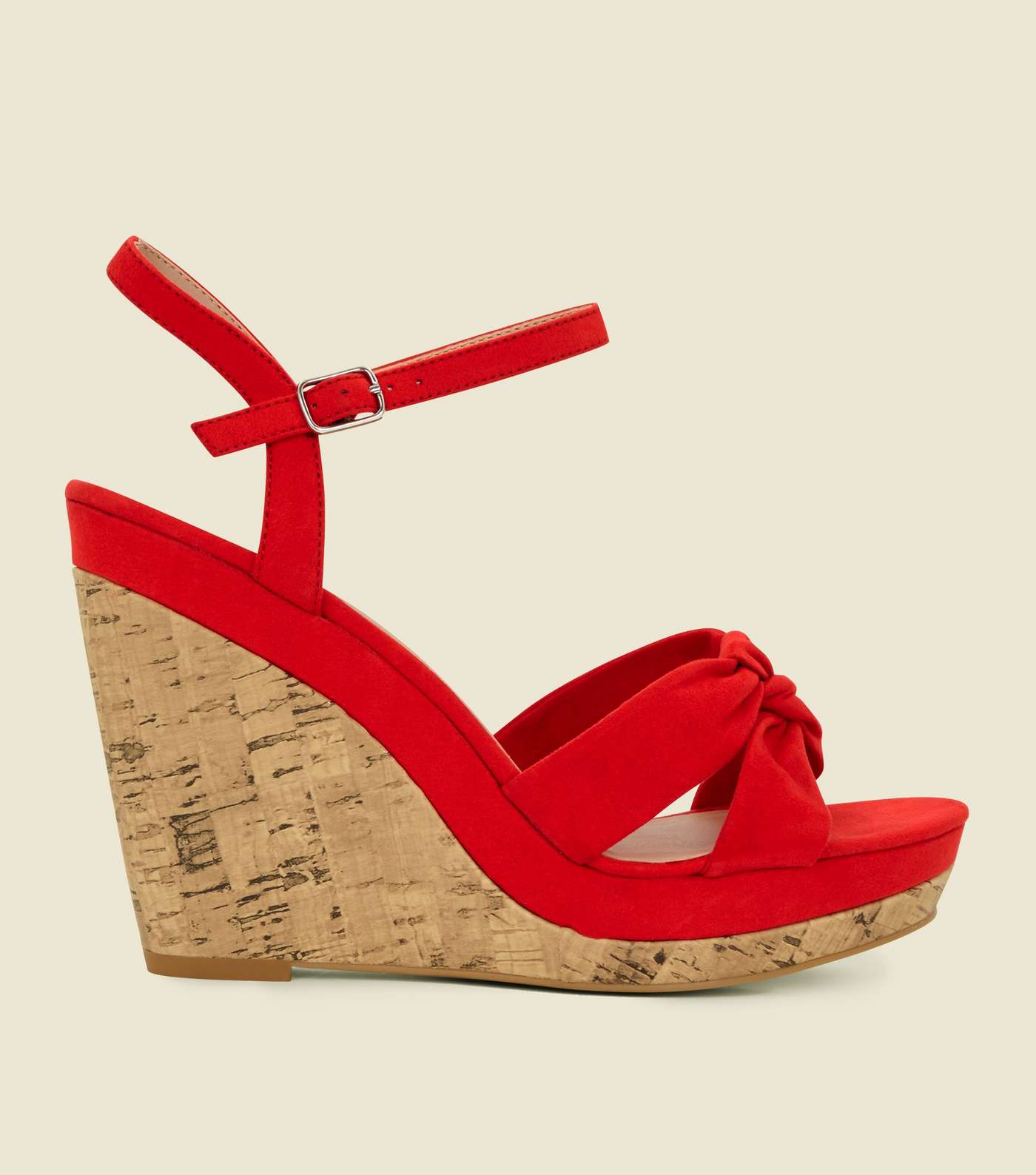 Red Suedette Knot Strap Cork Wedges